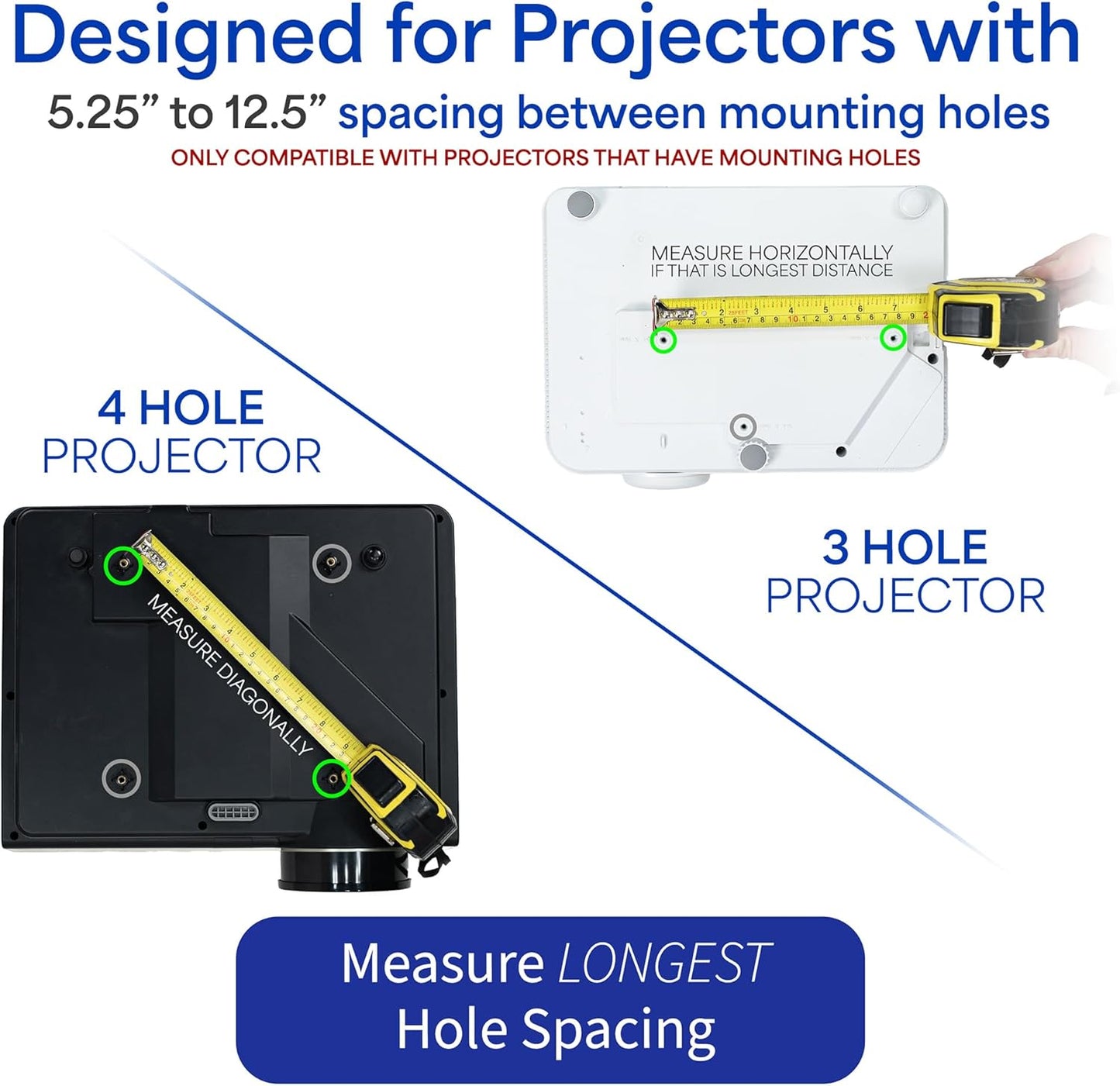 Universal Adjustable Ceiling Projector Mount for Regular and Mini Projectors with Extending Arms, White, MOUNT-VP01W