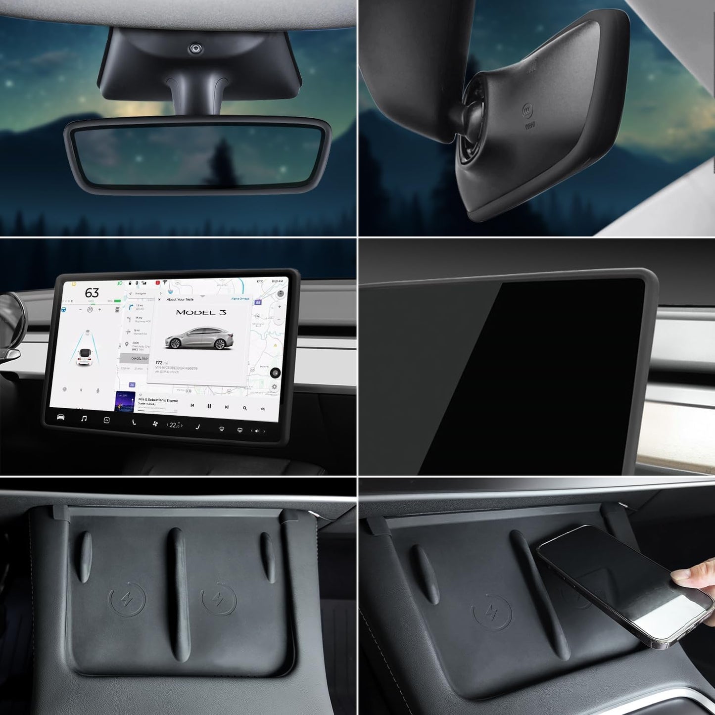 Center Console Wireless Charger Mat,Screen and Rearview Mirror Protector Frame,Anti-Slip Silicone Protector for Tesla 2021-2023 Model 3 and 2021-2024 Model Y Accessories(3 PCS Black)