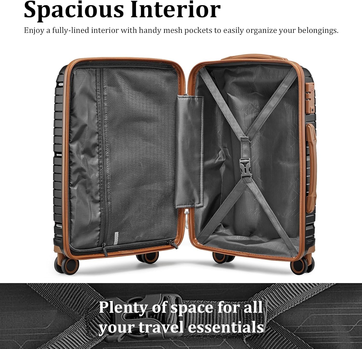 Luggage Sets 5 Piece Suitcase Set, PP Hardshell Carry on Suitcase Set, Travel Suitcases with Double Spinner Wheels and TSA Lock, Black Brown