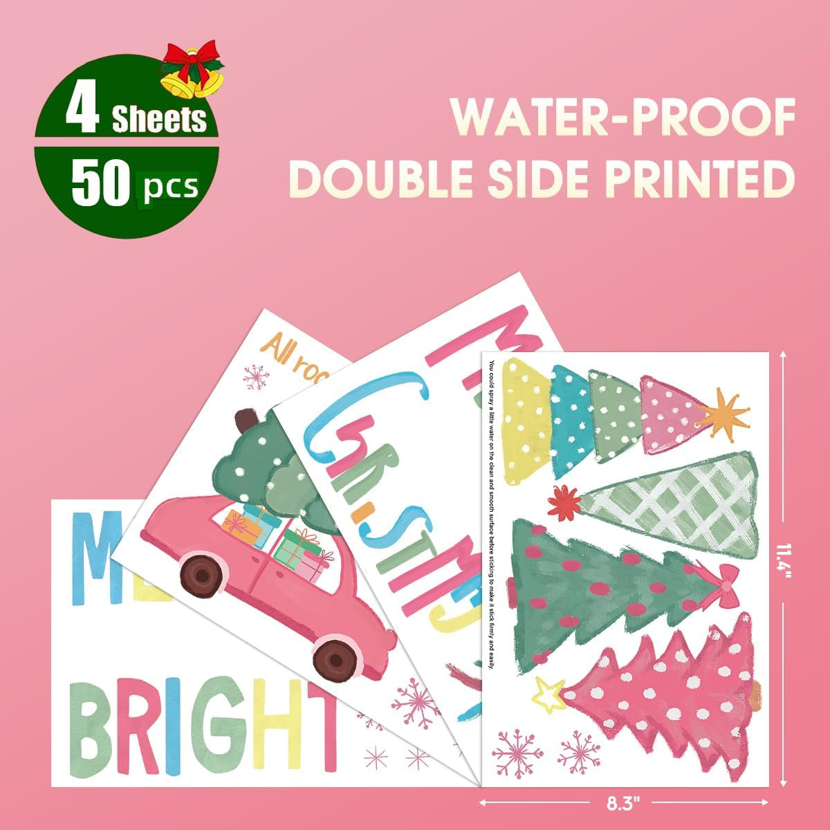 50 PCS Christmas Window Cling Sticker, Pink Cute Xmas Trees Truck Gifts for Home Party Supplies Shop Window Glass Display Decoration