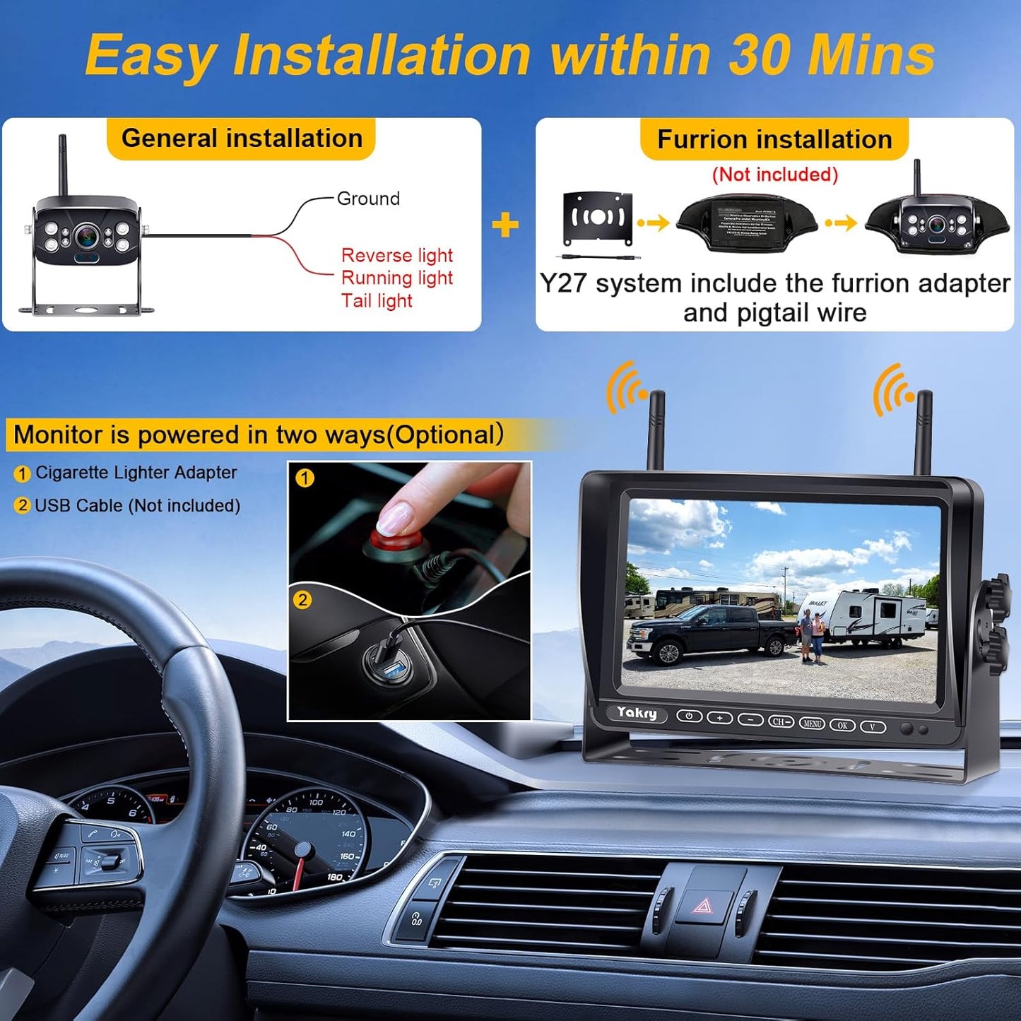 RV Backup Camera Wireless Plug and Play: Pre-Wired for Furrion System Recording Wide View Rear View Camera Clear Night Vision HD 1080P 7'' Touch Key Monitor for Trailer Camper Motorhome  Y27-N TRUCK DRIVER