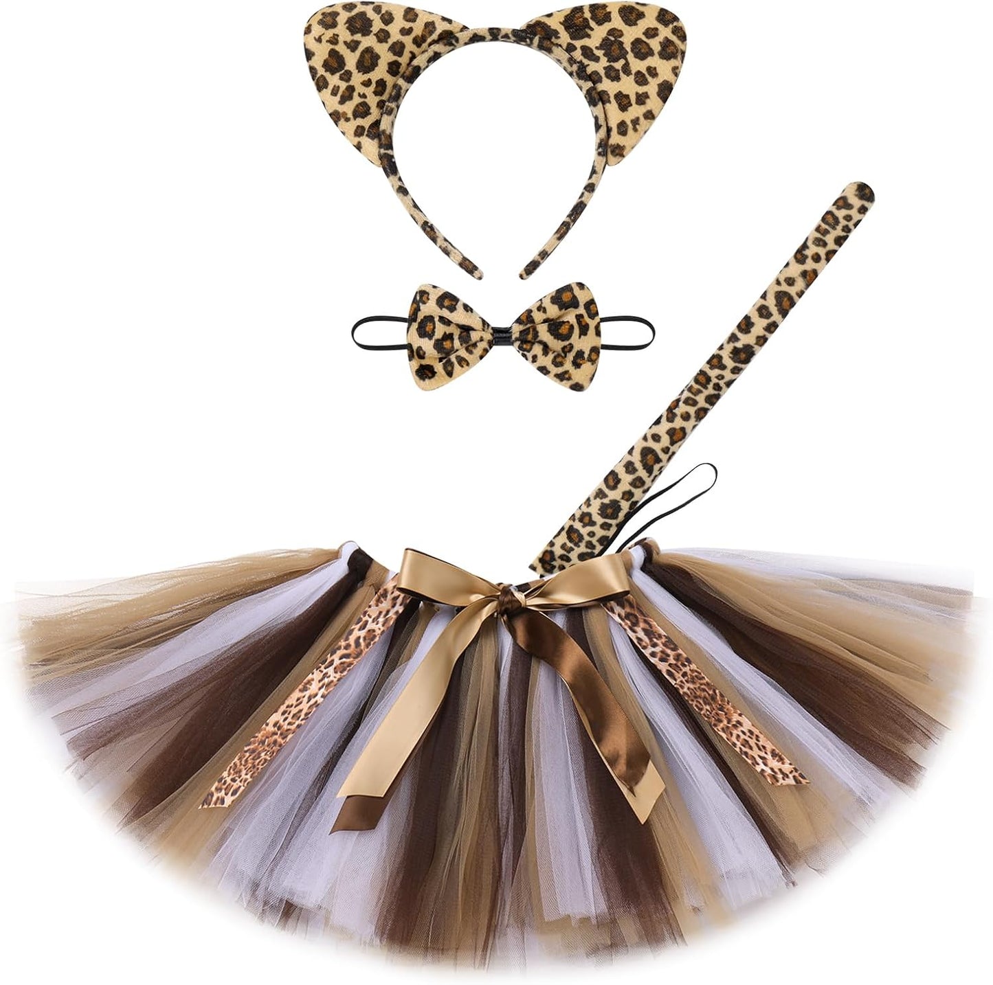 Baby Girls Jungle Animals Costume Tulle Tutu Skirt Ears Headband Bow Tie and Tail Set for Halloween Cosplay Dress Up