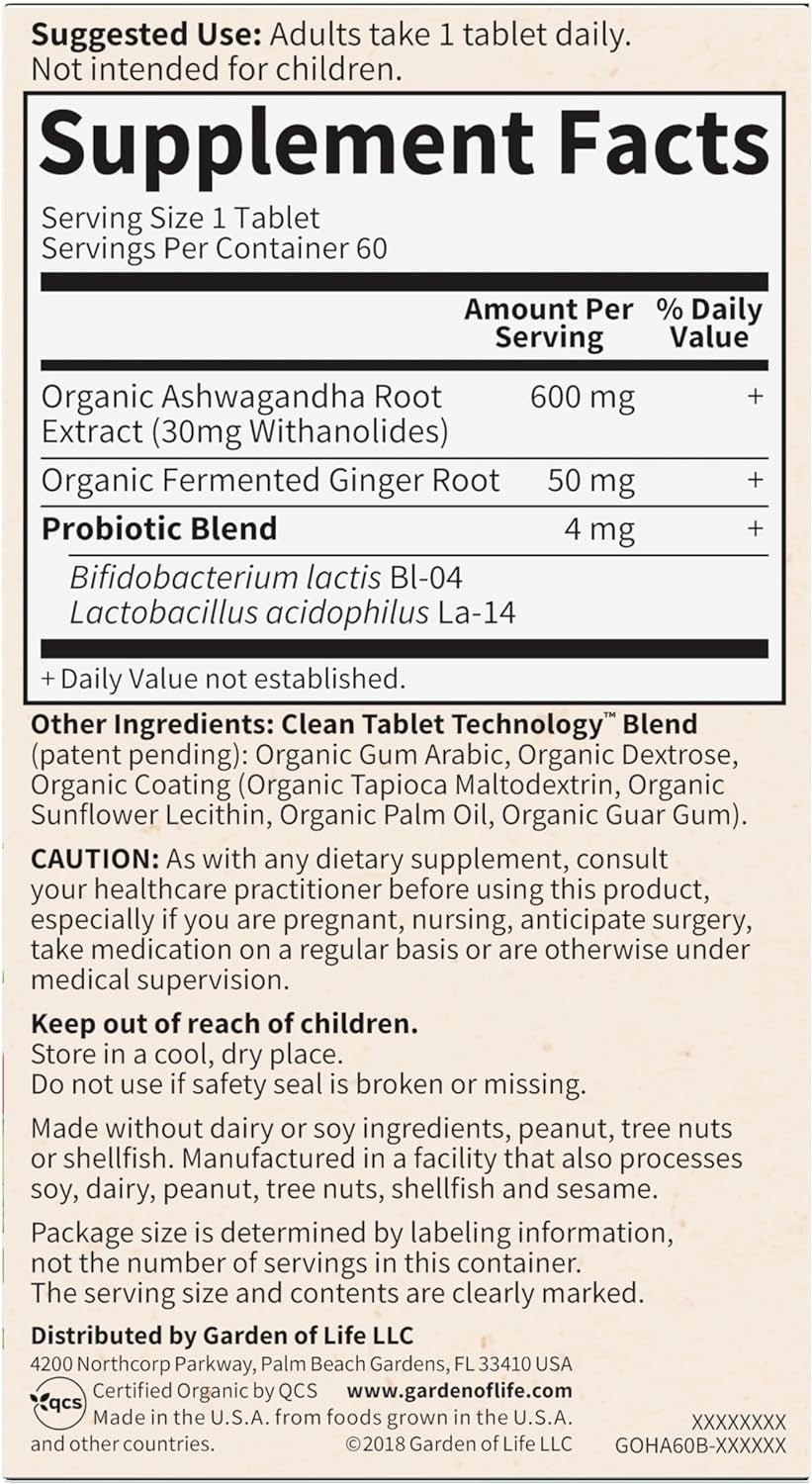 Organics Ashwagandha Stress, Mood & Energy Support Supplement with Probiotics & Ginger Root for Digestion - Vegan, Gluten Free, Non GMO – 2 Month Supply, 60 Tablets TLBH