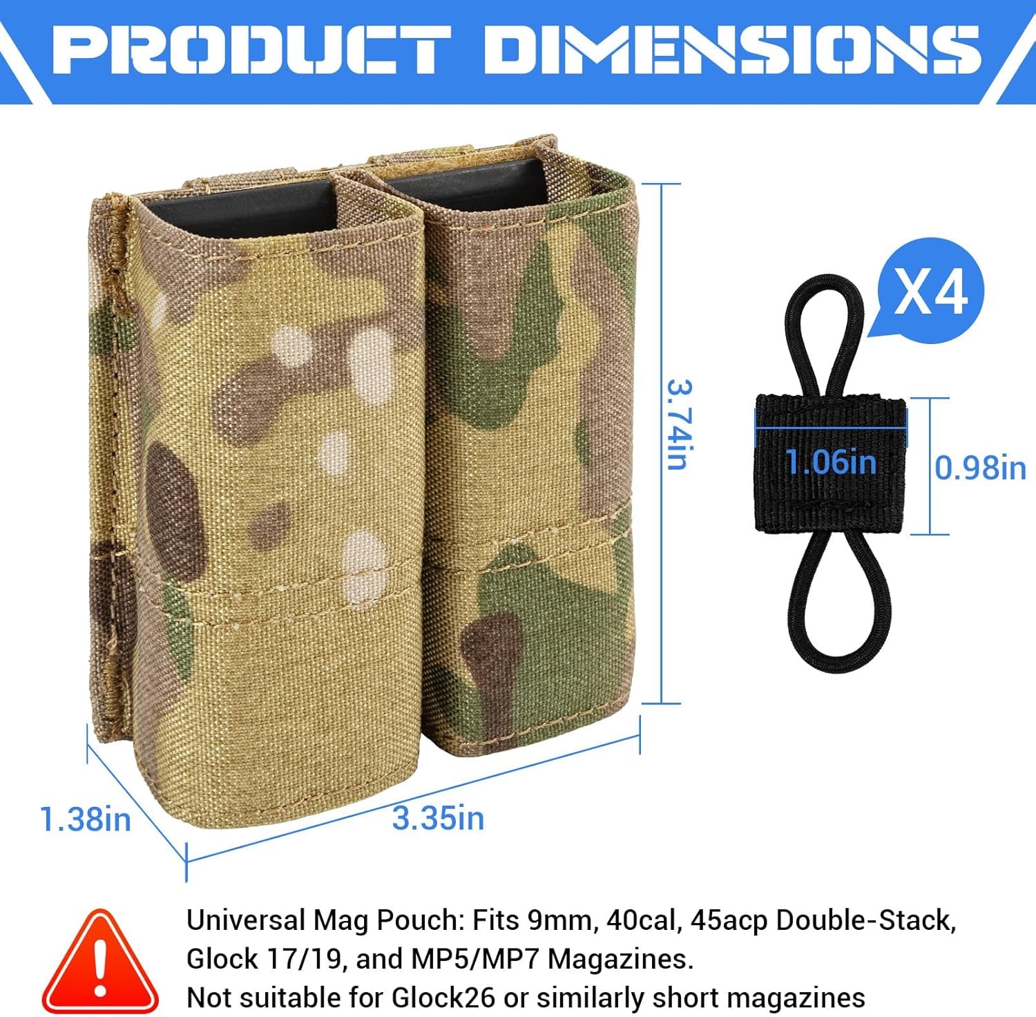 Double Pistol Mag Pouch with Quick Release, 9Mm Nylon Magazine Holder, Includes 4 Molle Elastic Bands, Premium Battle Belt Accessories