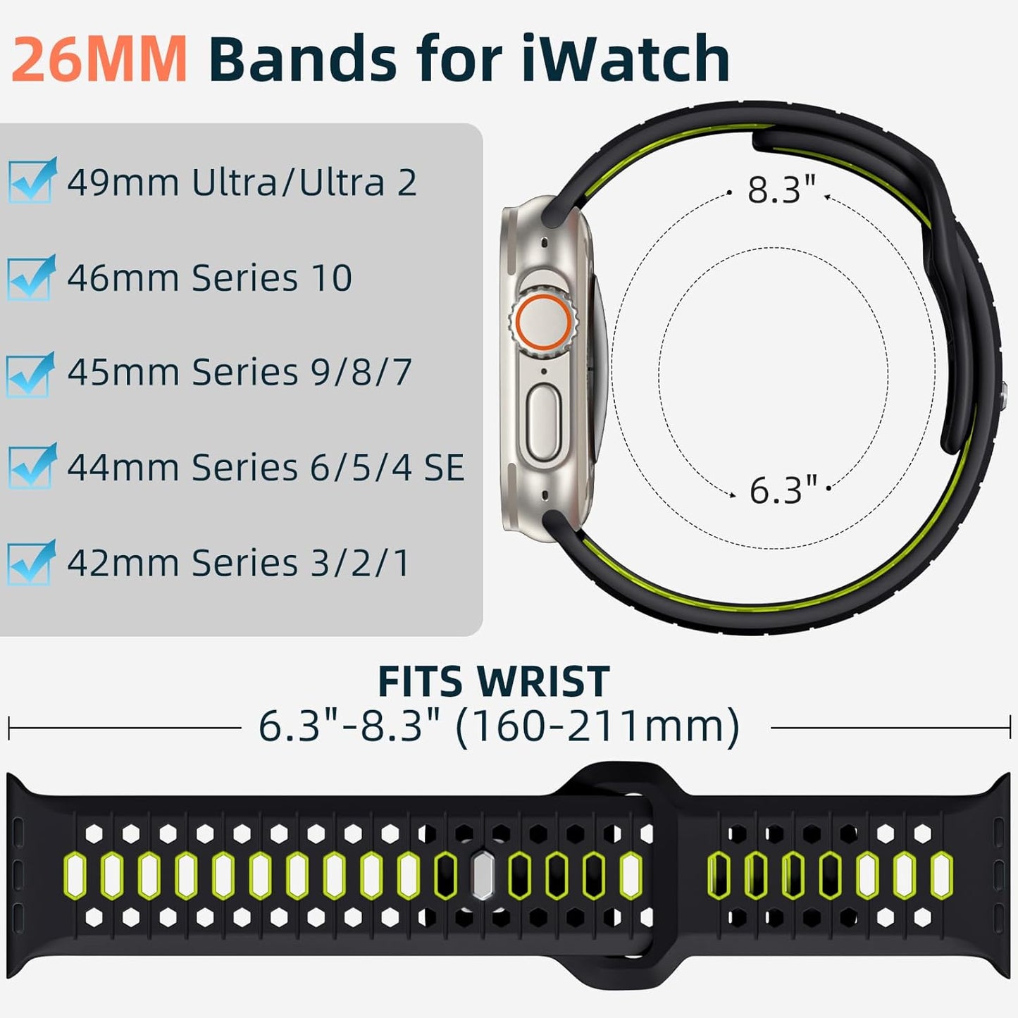 26MM Sport Band Compatible with Apple Watch Ultra 2 & Ultra Band 49Mm 46Mm 45Mm 44Mm 42Mm Men, Honeycomb Breathable Silicone Waterproof Strap for Iwatch Apple Watch Series 10 9 8 7 6 5 4 3 SE