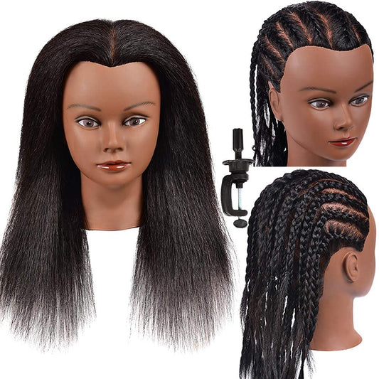 Mannequin Head with 100% Real Hair, 16" Hairdresser Cosmetology Mannequin Manikin Training Practice Doll Head for Hairstyling and Free Clamp Holder- Black