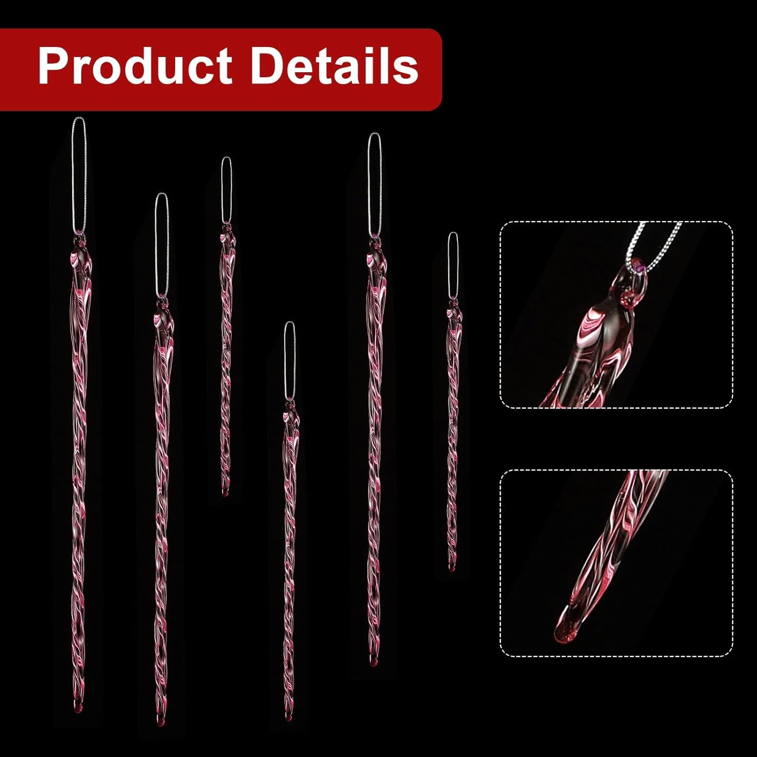 Glass Icicle 3.5-7.8 Inch Twisted Glass Icicle Christmas Ornaments Icicle Decorations Hanging (Pink,25 Pcs)