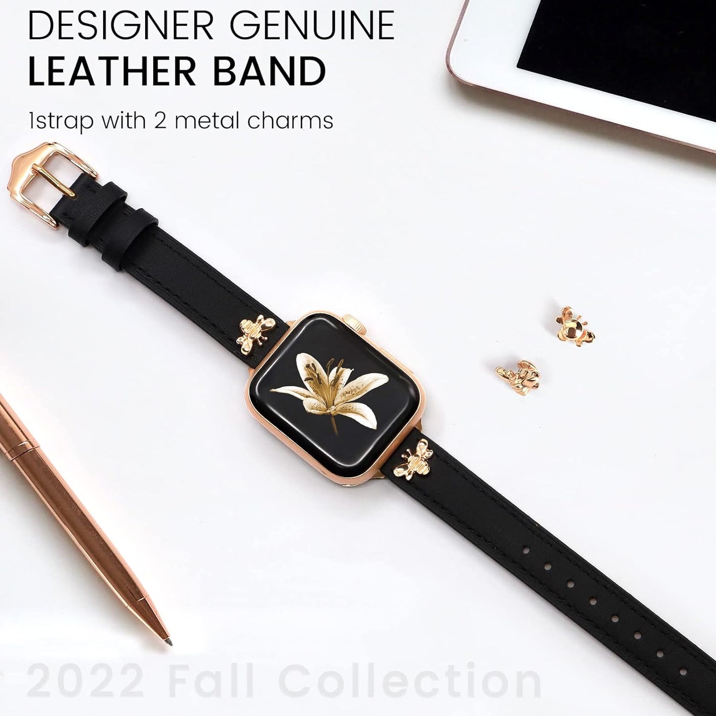 Slim Leather-Bands Compatible with Apple Watch Band 38Mm 40Mm 41Mm Top Genuine Leather Band with Charms