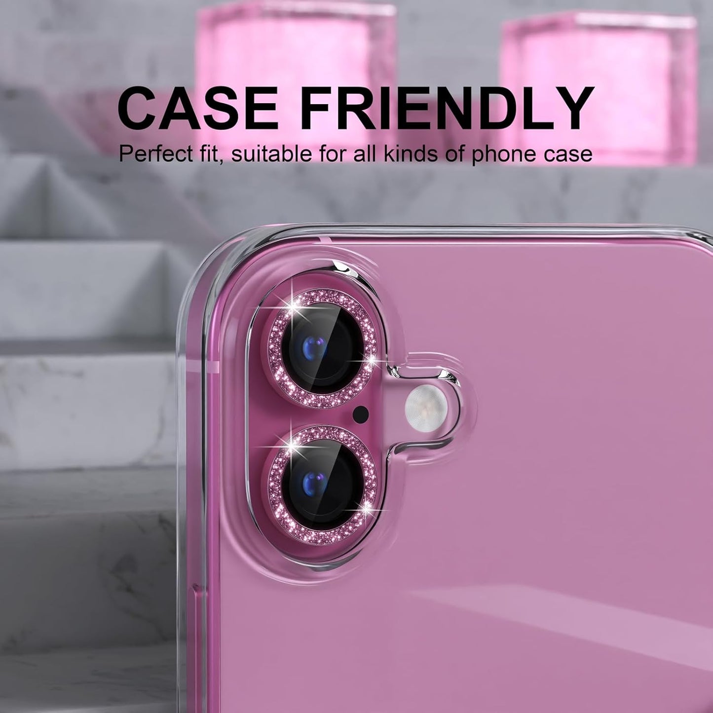 Compatible for Iphone 16 /Iphone 16 plus Camera Lens Protector Bling, 9H Tempered Glass Camera Cover Screen Protector Metal Ring Decoration Accessories(Glitter-Pink)