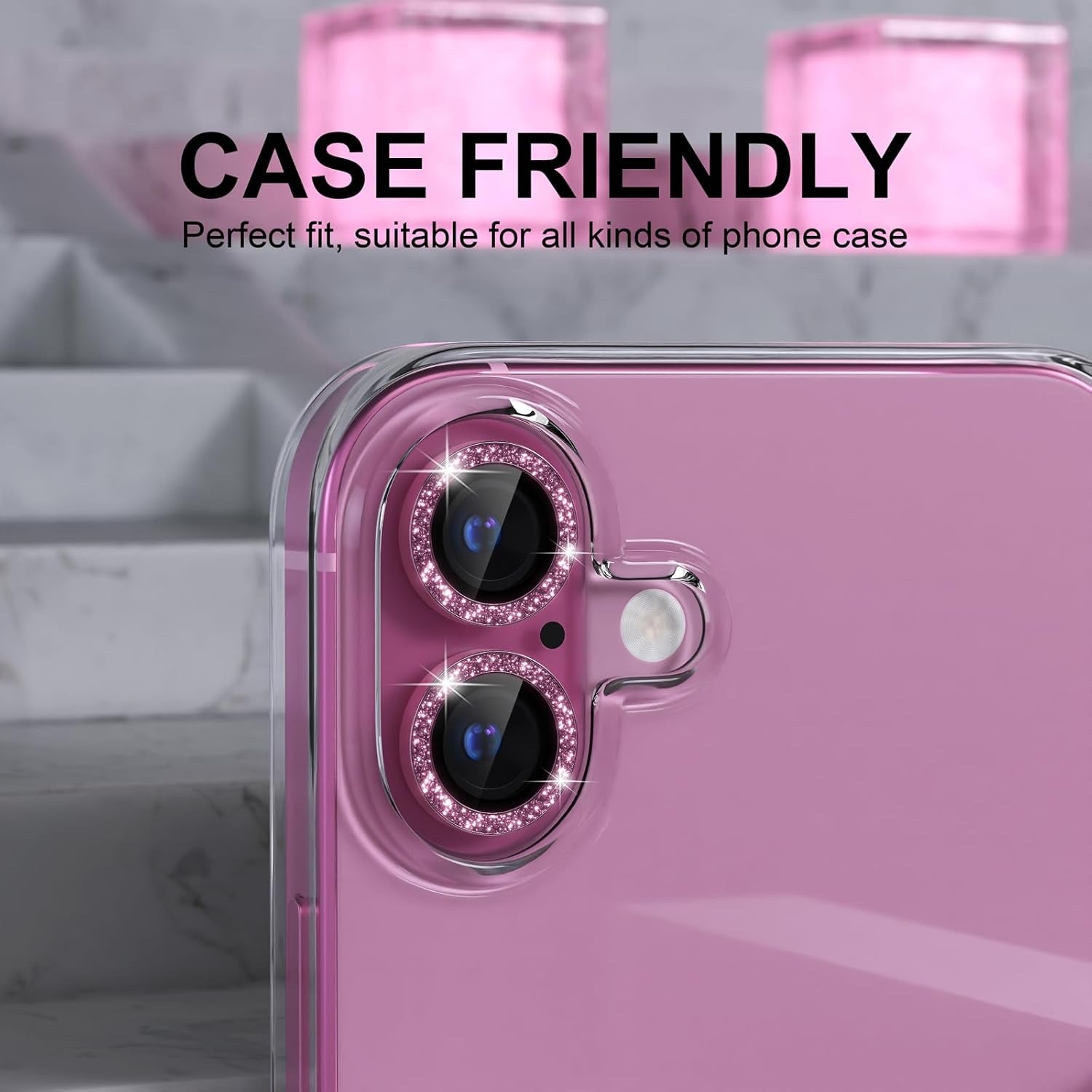 Compatible for Iphone 16 /Iphone 16 plus Camera Lens Protector Bling, 9H Tempered Glass Camera Cover Screen Protector Metal Ring Decoration Accessories(Glitter-Pink)