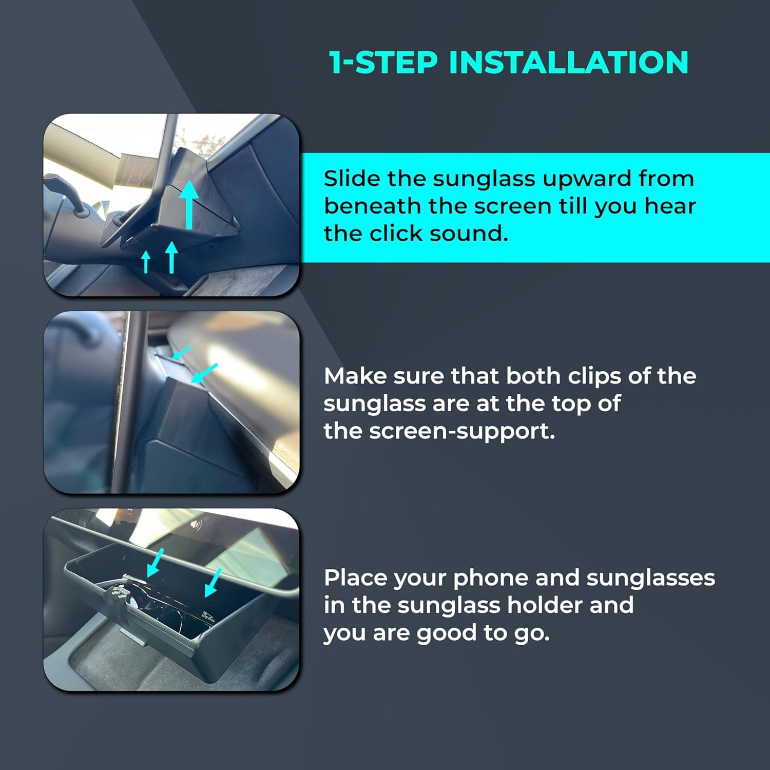 Tesla Sunglass Holder for Tesla Model 3 and Model Y with Extra under Screen Storage - Hidden Tesla Center Console Organizer - Tesla Model Y Accessories - Tesla Model 3 Accessories