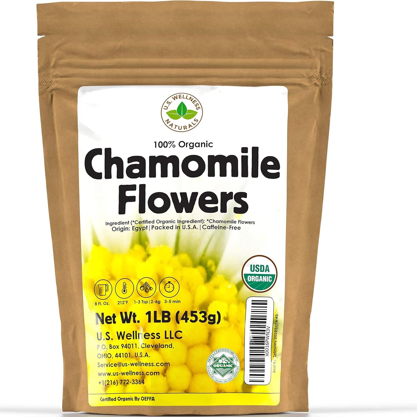 Chamomile Tea 1LB (16Oz) 100% CERTIFIED Organic (USDA Seal) Chamomile Flowers Herbal Tea (Matricaria Chamomilla) in 1 Lb Bulk Kraft BPA Free Resealable Bags from U.S. Wellness TLBH