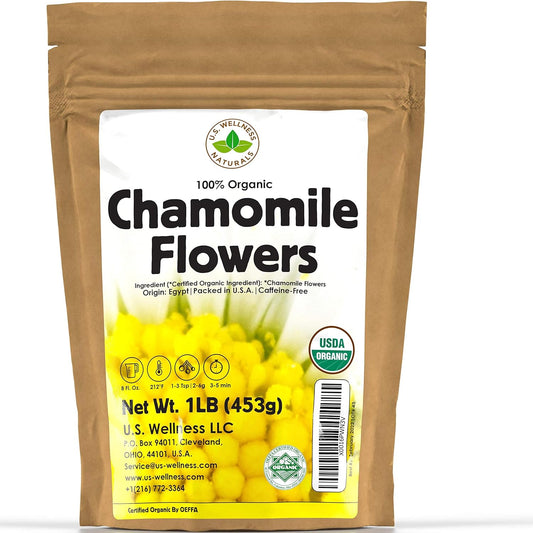 Chamomile Tea 1LB (16Oz) 100% CERTIFIED Organic (USDA Seal) Chamomile Flowers Herbal Tea (Matricaria Chamomilla) in 1 Lb Bulk Kraft BPA Free Resealable Bags from U.S. Wellness TLBH