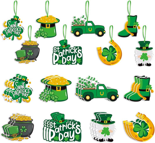 16 Pcs Clovers Decoration Hanging Ornaments -  Shamrock Green Decorations Outdoor Indoors Home Window Decor Double-Sided Pattern for St. Patrick'S Day Irish Party Supplies