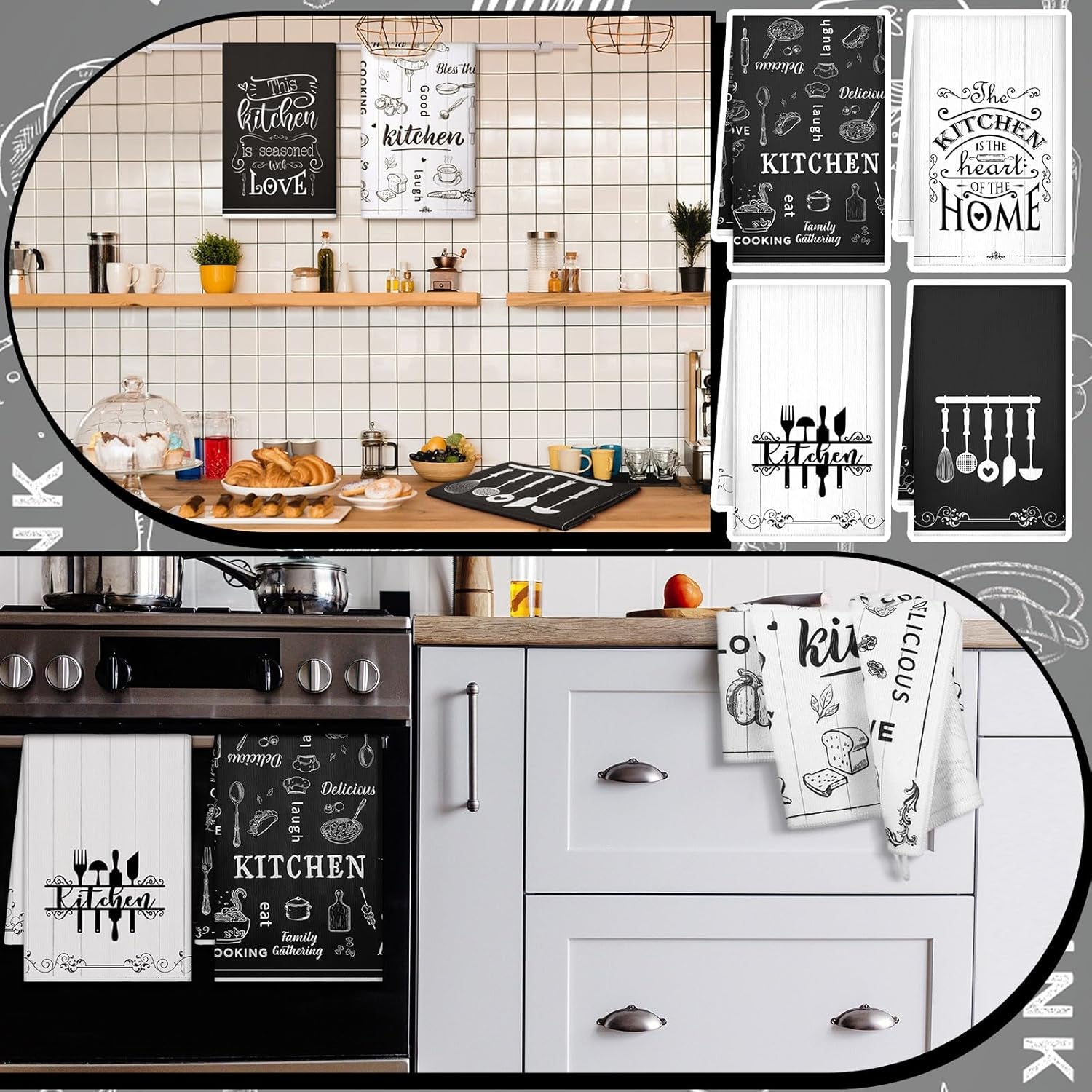 6 Pcs Kitchen Towels Sets Decorative Dish Towels Absorbent Fast Drying Hand Cloths Hanging Reusable Cleaning Dishcloths for Cooking Housewarming(Black White,Food)