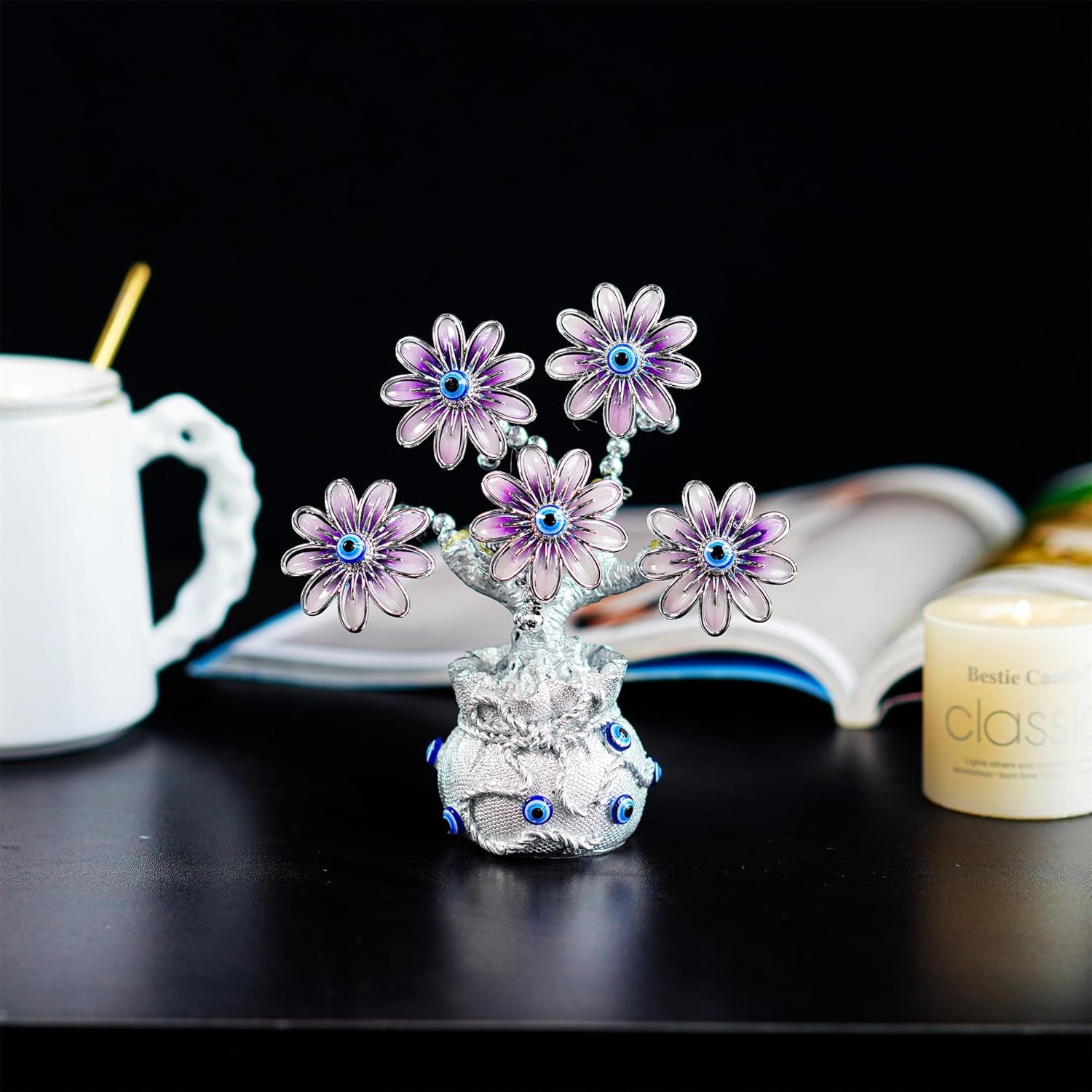 Turkish Blue Evil Eye Pink Flowers Money Fortune Tree with Lucky Bag Vase Protection Good Luck Gift