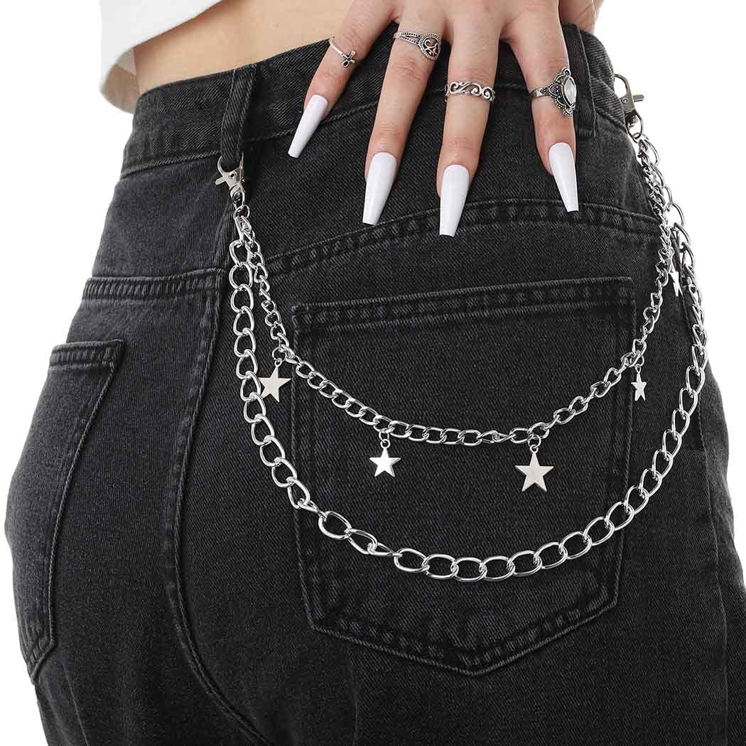 Hip Hop Pants Chain Goth Jean Chains Star Punk Pocket Chain for Women Layered Acrylic Keychains Cute Trouser Chain Rock Wallet Chain for Men Waist Body Accessories for Girls (2 Stat-1)