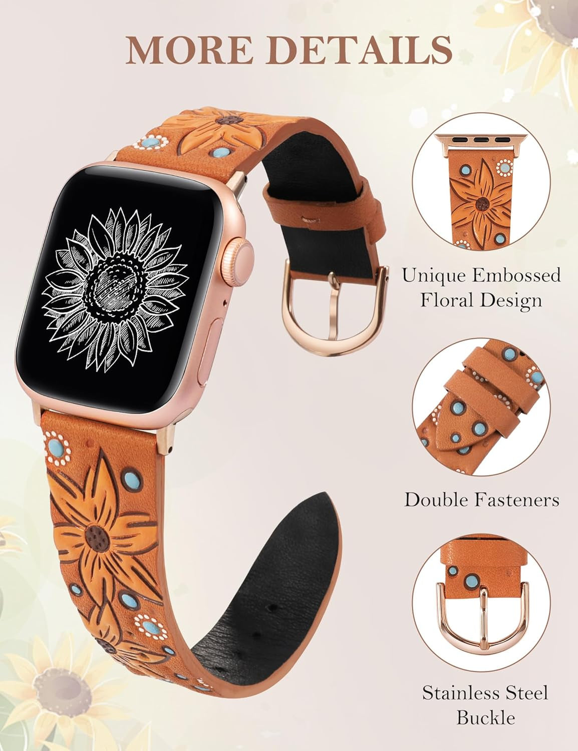 Leather Band Compatible with Apple Watch Band 41/40/38/44/45/49/42Mm Women, Boho Western Embossed Sunflower Floral Designer Wristband Leather Strap for Iwatch Series 9 8 7 6 5 4 3 2 1 SE Ultra