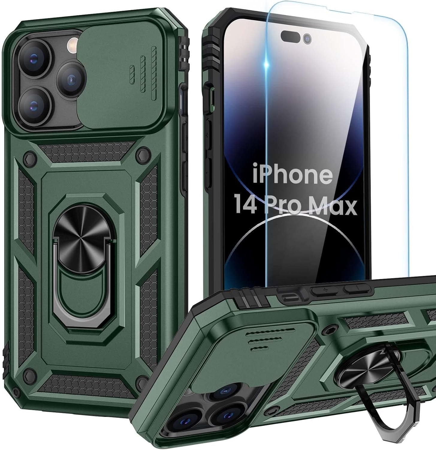 Compatible for Iphone 16 Case with Screen Protector - Slide Camera Cover Protective Phone Case with Ring Stand, Heavy Duty Shockproof Rugged Bumper for Iphone 16 Accessories Blue