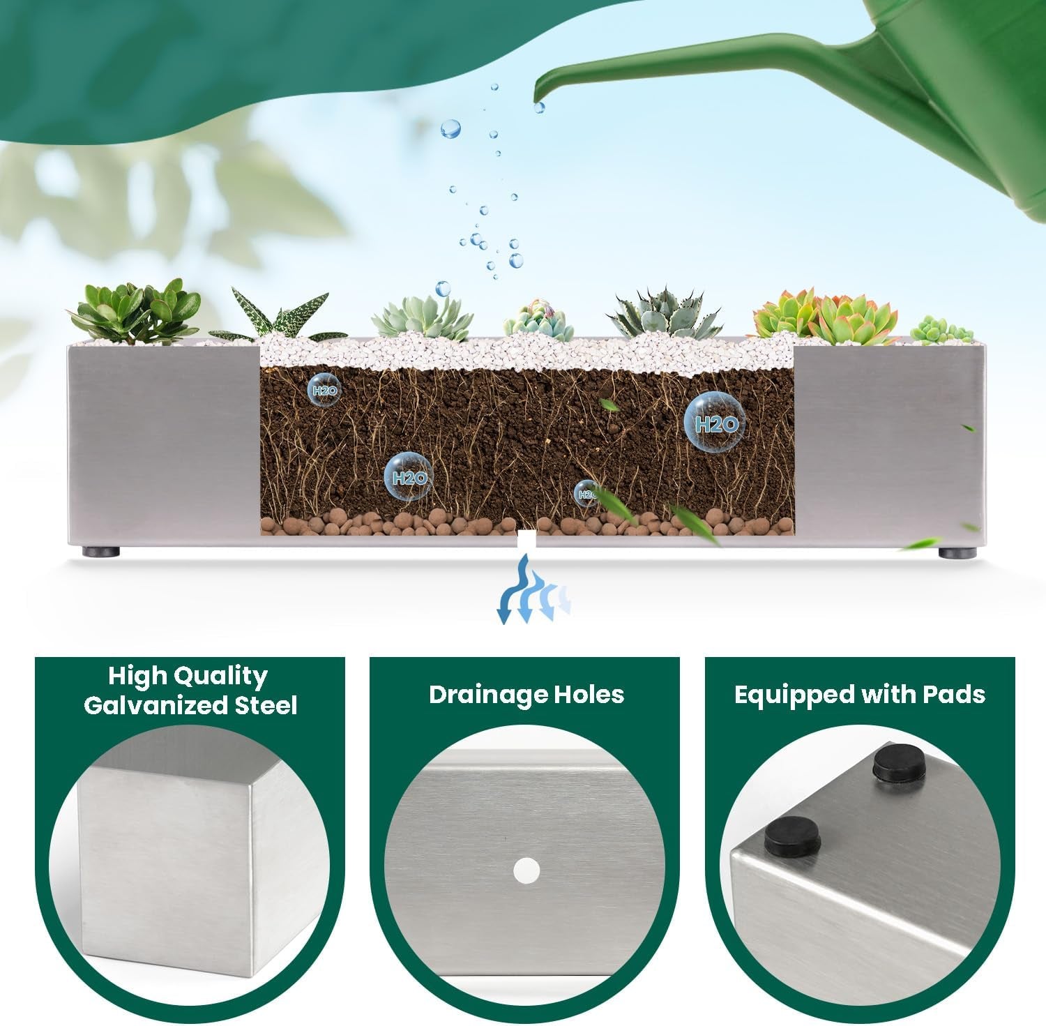 Trough Rectangle Planter Long Window Sill Planter Box Stainless Steel Window Planters Modern Succulent Planter Slivery 16 in Metal Windowsill Pot for Indoor Plants Herb Table Home Outdoor