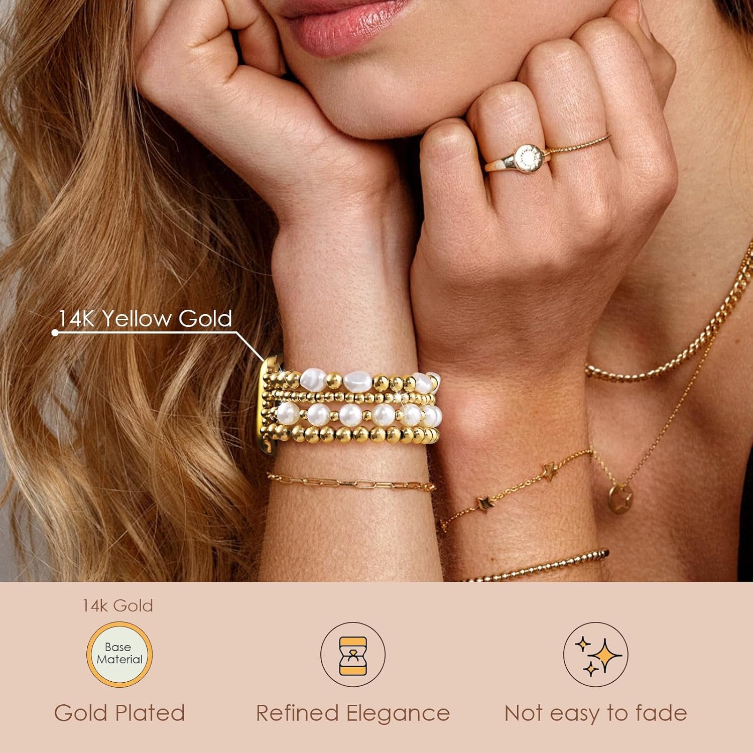 Gold Beaded Bracelets Compatible for Apple Watch Band 38Mm 40Mm 41Mm 42Mm 44Mm 45Mm Women, Fashion Handmade Dressy Iphone Watch Bands Elastic Strap for Iwatch Series SE 8 7 6 5 4 3 2 1