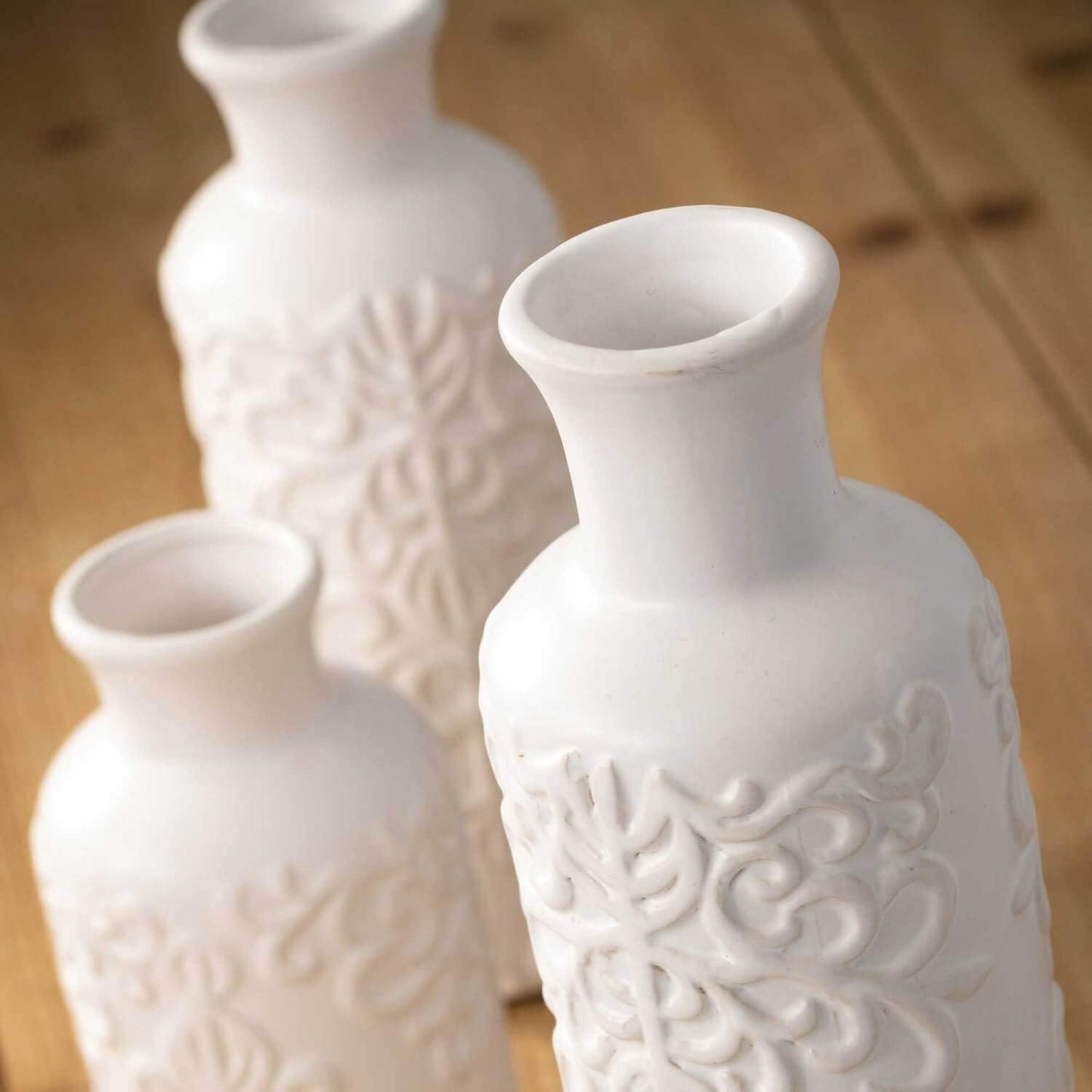 Small White Embossed Ceramic Vase Set of 3, Matte Finish, Vases for Decor, Modern Home, Centerpieces, Mantle, Tabletop, for Living Room, Bedroom, Kitchen, Entryway Decor