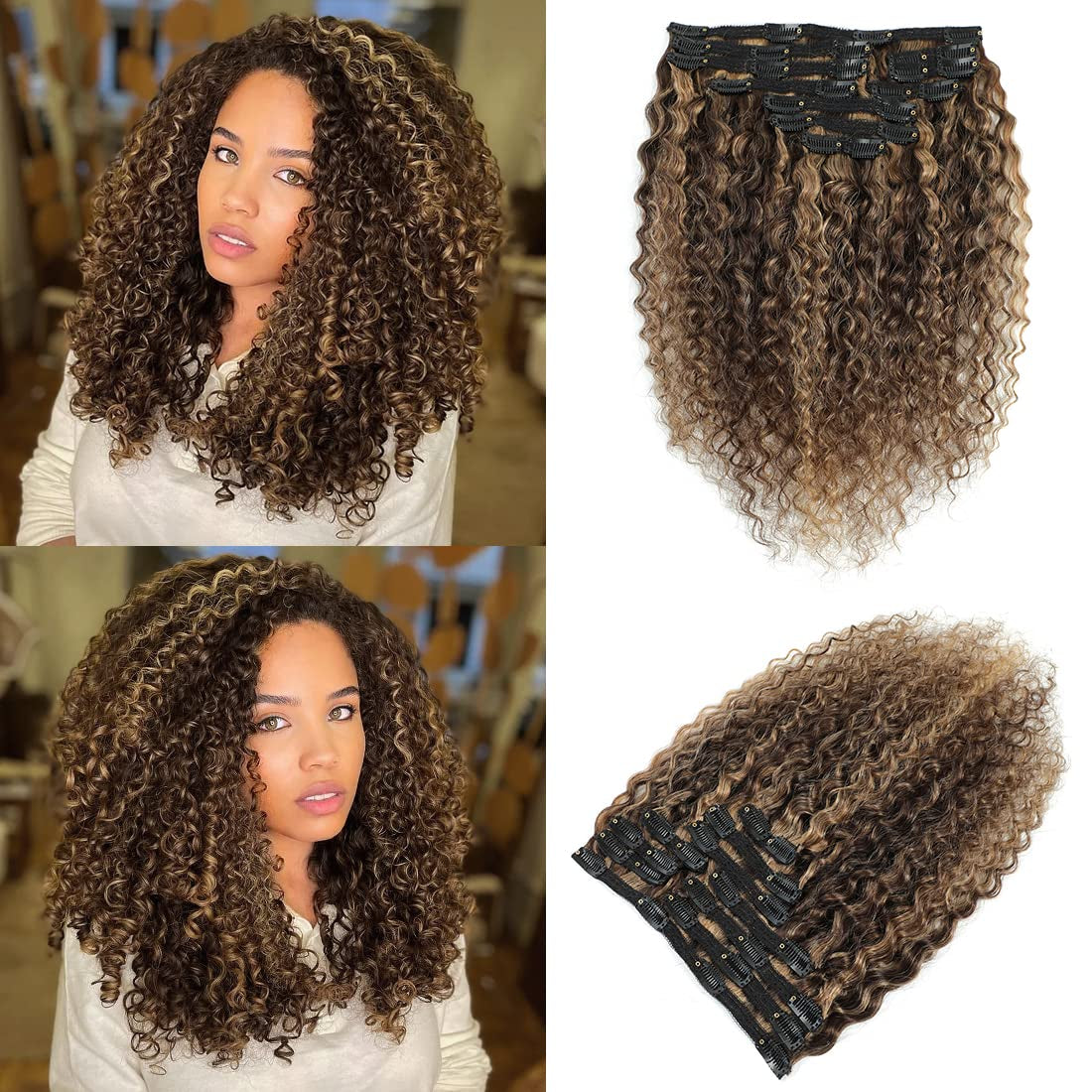 Human Hair Clip in Extensions for Black Women 4/27 Water Wavy Curly Clip in Hair Extensions Real Human Hair 4/27 Chocolate Brown Mix Blonde  Highlight Clip Ins Natural Hair 10Pcs/120G