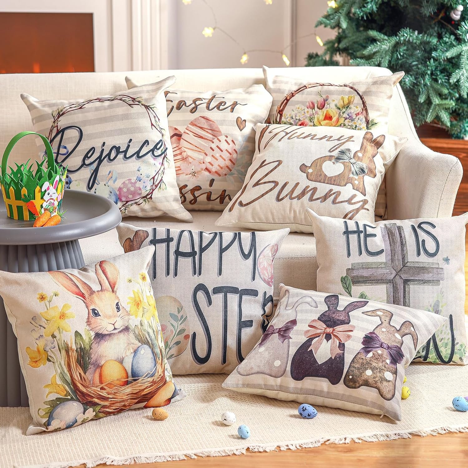 8 Pcs Happy Easter Pillow Covers 18 X 18 Inch Bunny He Is Risen Cross Eggs Spring Home Decor Throw Pillow Covers Linen Pillowcase Easter Decorations Throw Pillow Covers Decor for Sofa Couch