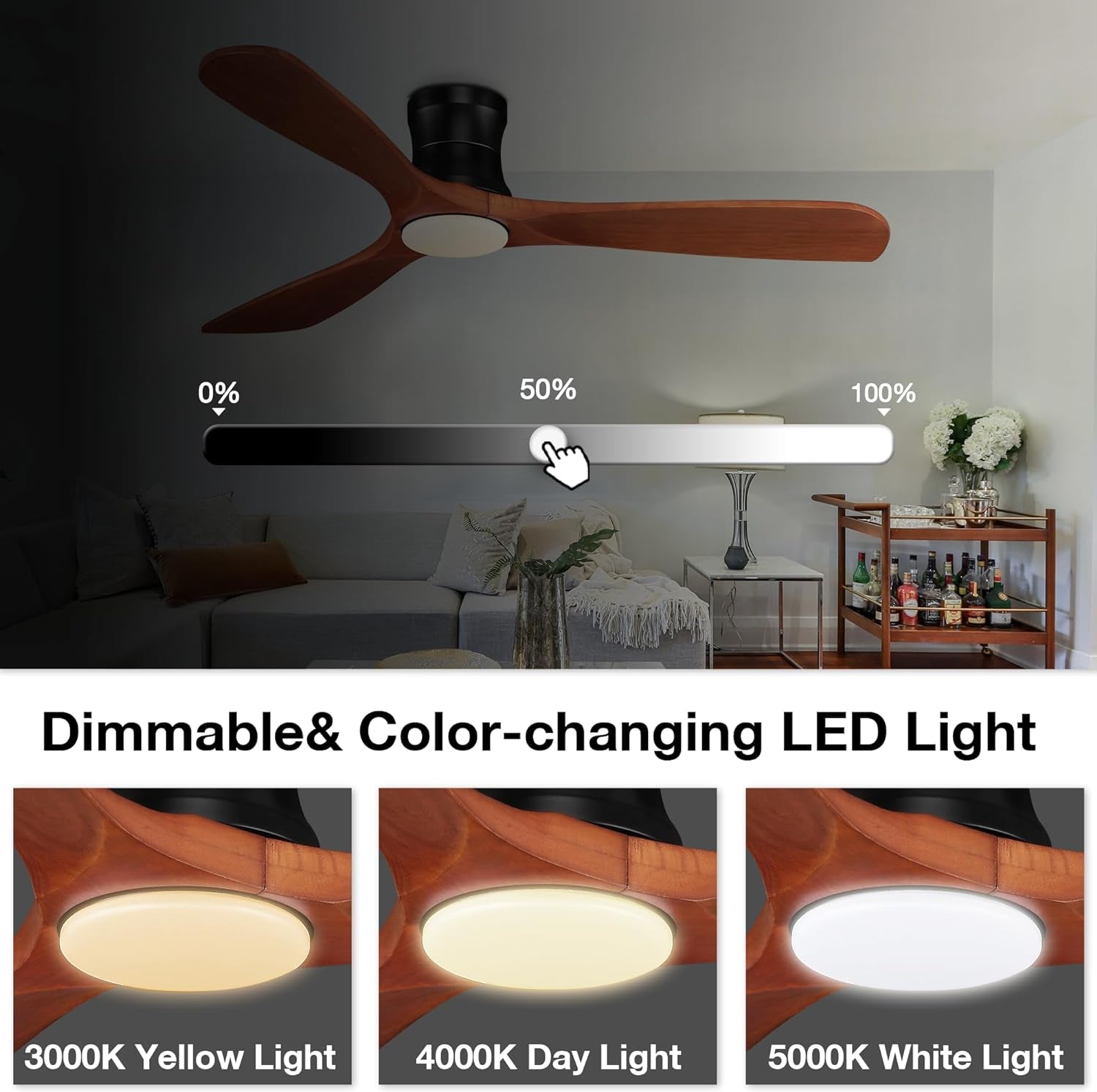 Smart 52” Wood Flush Mount Ceiling Fans with Lights Remote,Quiet DC Motor,Outdoor Indoor Low Profile Ceiling Fan,Voice Contorl with WIFI Alexa App Control,Modern Fan for Bedroom Patio