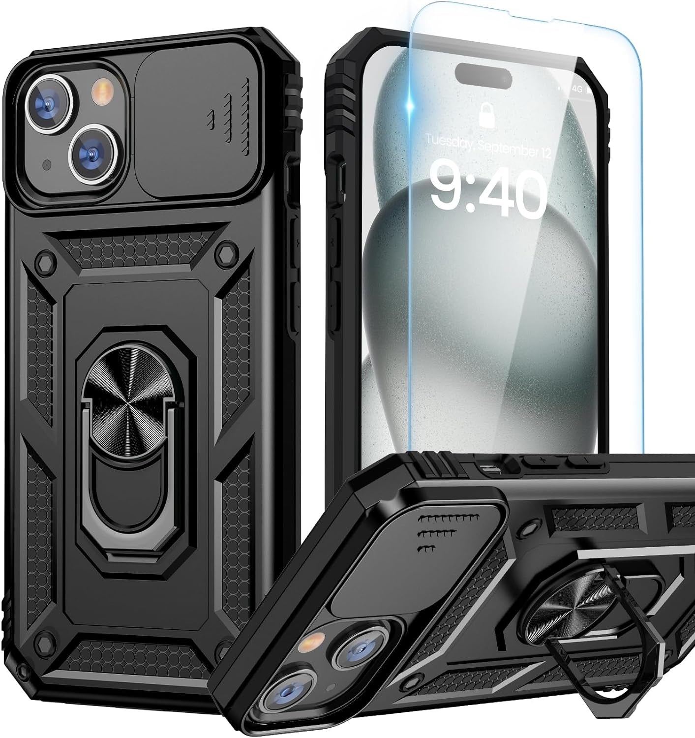 Compatible for Iphone 16 Case with Screen Protector - Slide Camera Cover Protective Phone Case with Ring Stand, Heavy Duty Shockproof Rugged Bumper for Iphone 16 Accessories Blue