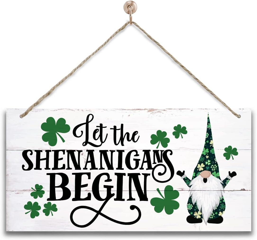 Hanging St. Patricks Day Wood Decor Sign, Let the Shenanigans Begin Printed Wood Wall Art Sign, Home Signs Decor, Hanging Door Wood Sign, Shamrock Sign, St Patricks Day Decor, Rustic Farmhouse Decor
