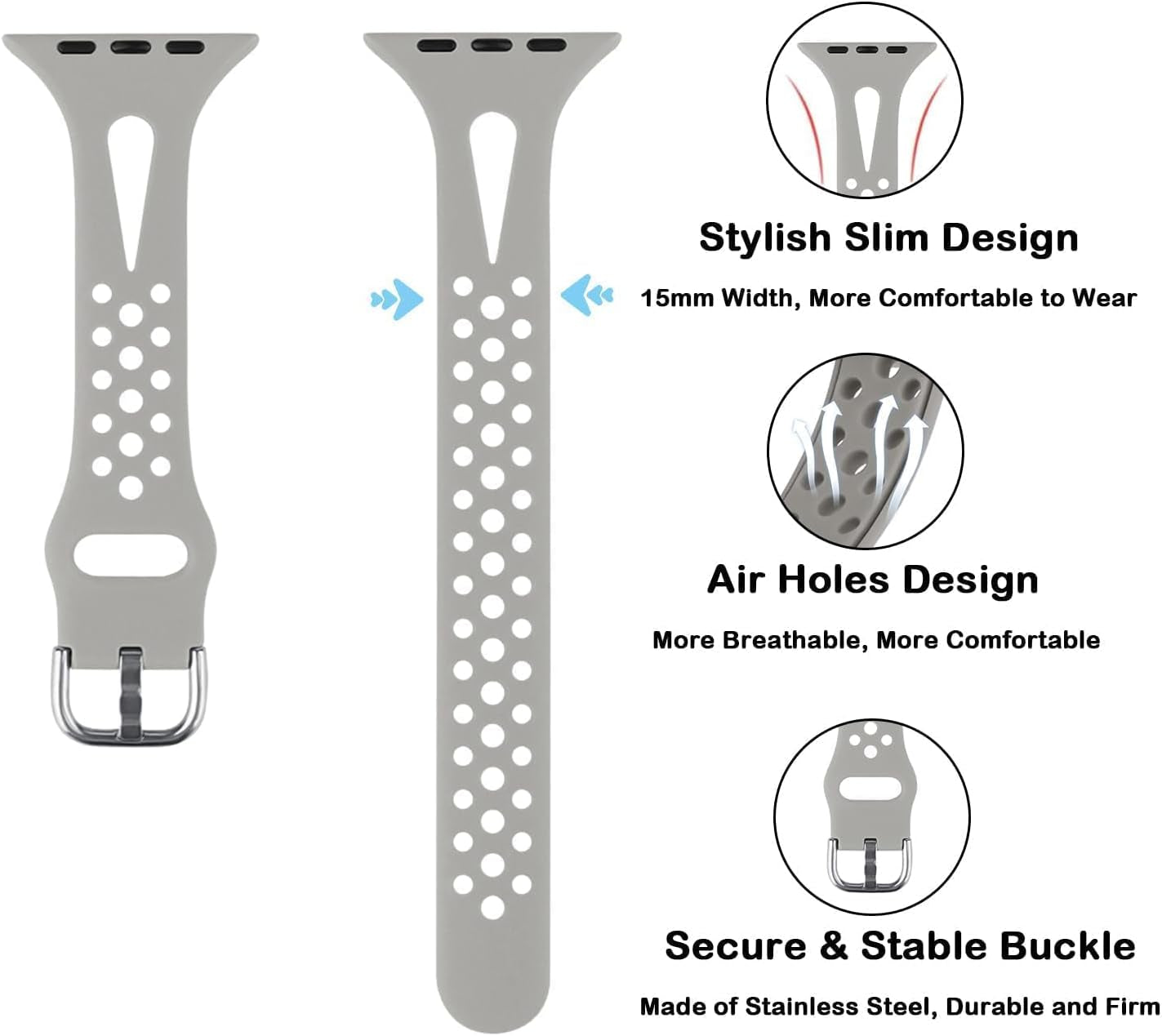 Slim Sport Band Compatible with Apple Watch Band Series 9 8 7 6 5 4 3 2 1/SE, 38/40/41Mm, Women and Men, Soft Silicone Breathable Wristband, Grey