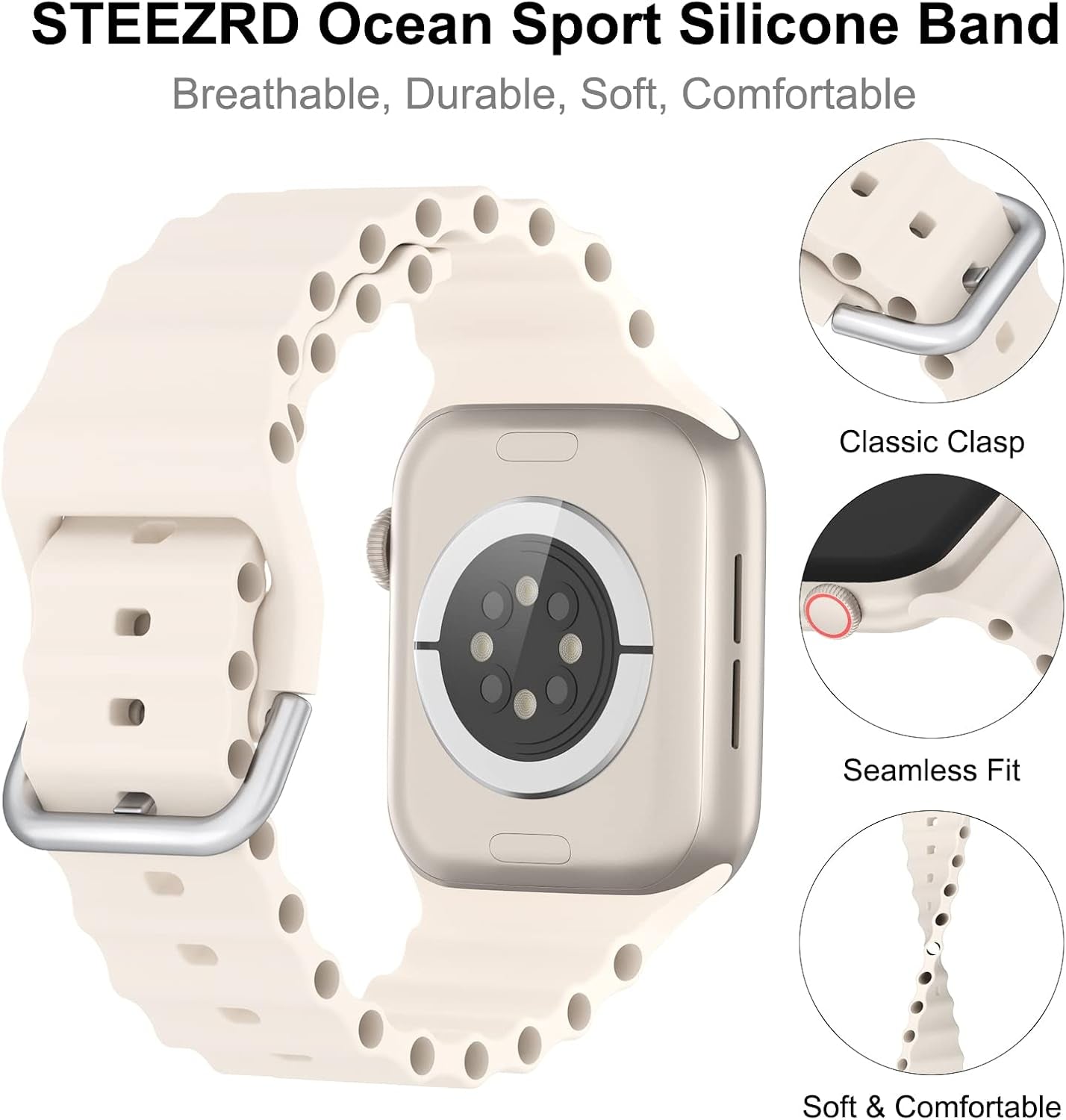 Ocean Sport Silicone Bands Compatible with Apple Watch Band 49Mm 45Mm 44Mm 42Mm 41Mm 40Mm 38Mm, Soft Breathable Classic Clasp Wrist Strap for Iwatch Ultra Series 8/SE/7/6/5/4/3/2/1 Men Women