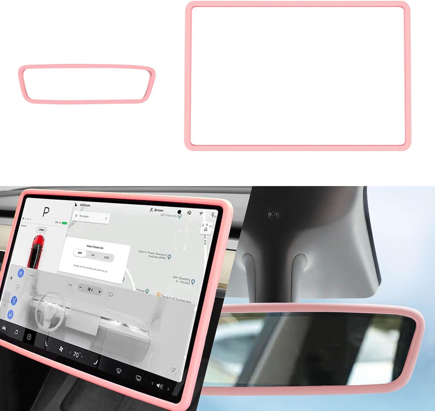 2Pcs Silicone Protector Frames of Screen and Rear View Mirror for Tesla Model 3 2017-2023 and Model Y.(Pink)