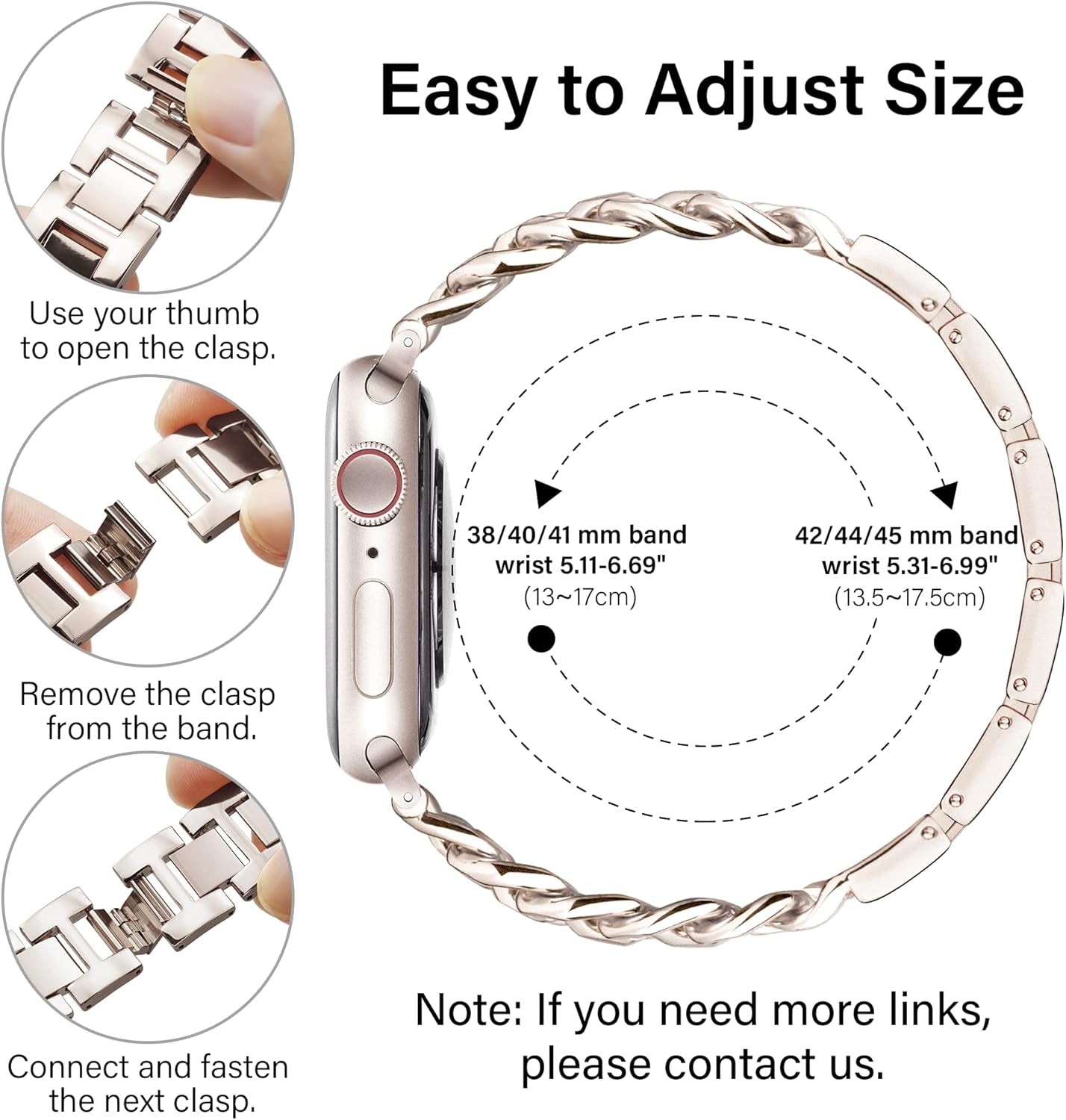 Metal Band Bracelet Compatible with Apple Watch Series 9 8 SE 7 6 5 4 3 2 1 Ultra 2 1,Dressy Iwatch Bands for Women Men,Chain Design Adjustable Bands for Apple Watch 41Mm 40Mm 38Mm(Starlight)