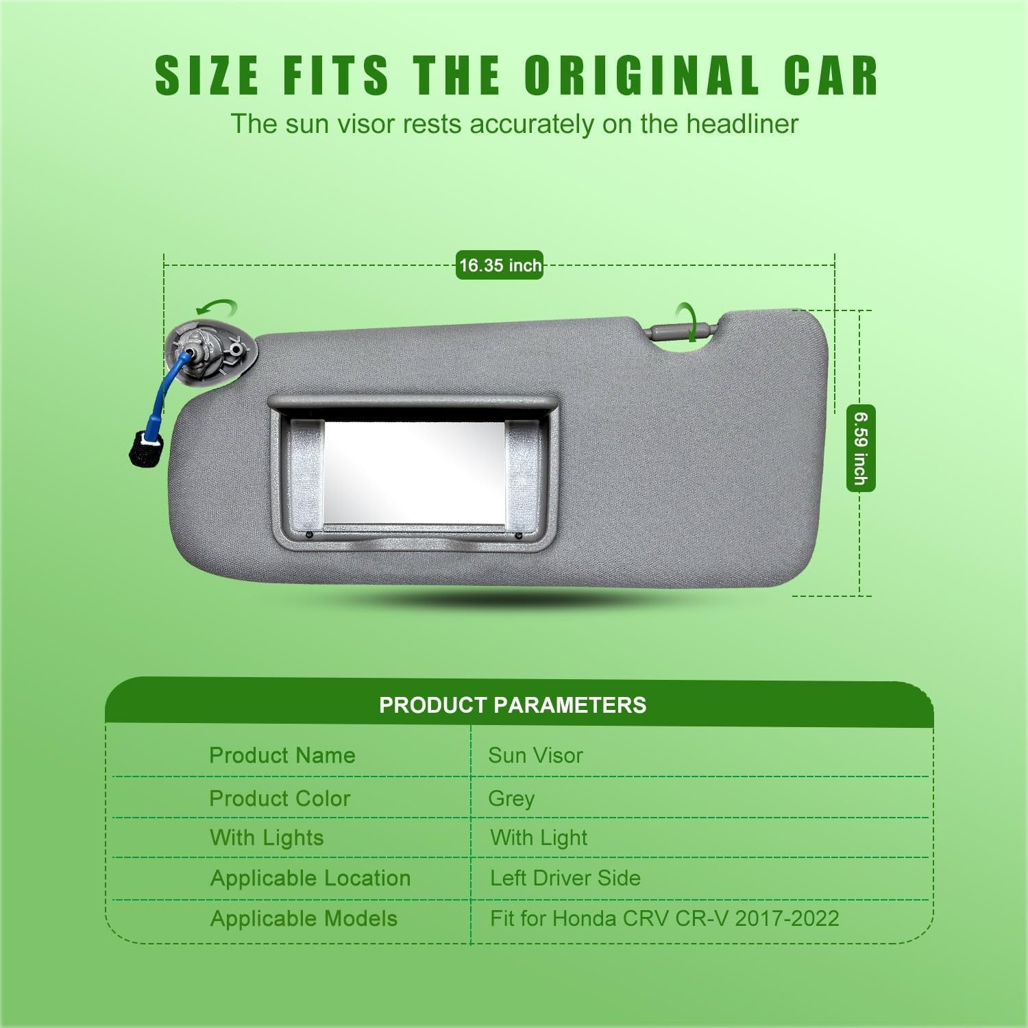 Left Driver Side Sun Visor for Honda CRV 2017 2018 2019 2020 2021 2022 Replace 83280-TLY-H11ZB with Vanity Light/With Makeup Mirror (Grey)