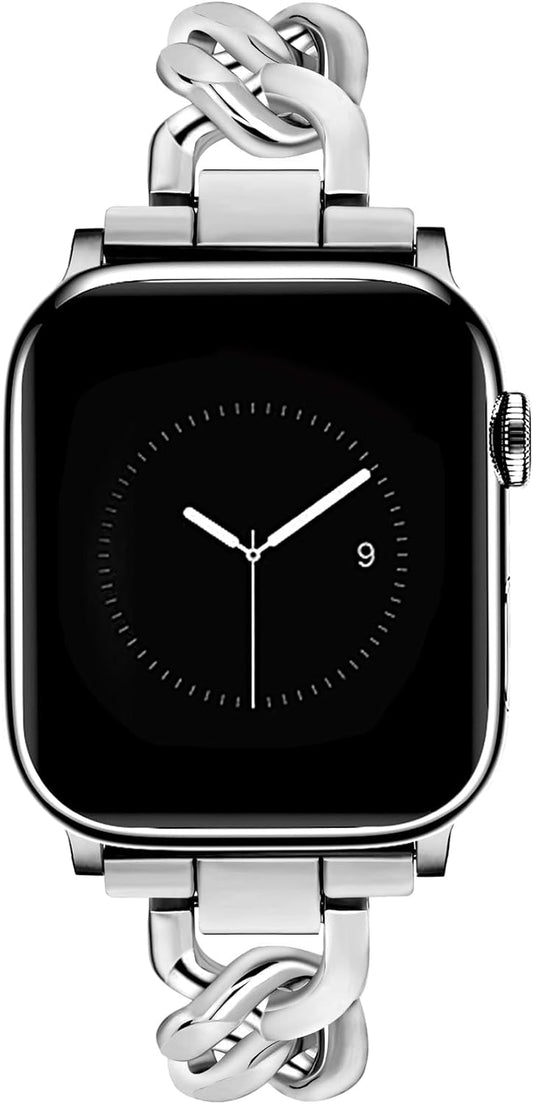 Silver Watch Bands for Women Compatible with Apple Watch Band 38Mm 40Mm 41Mm Adjustable Metal Band Cowboy Steel Single Chain Bracelet for Iwatch Series 9/8/7/6/5/4/3/2/1/Se/Ultra (No Case)