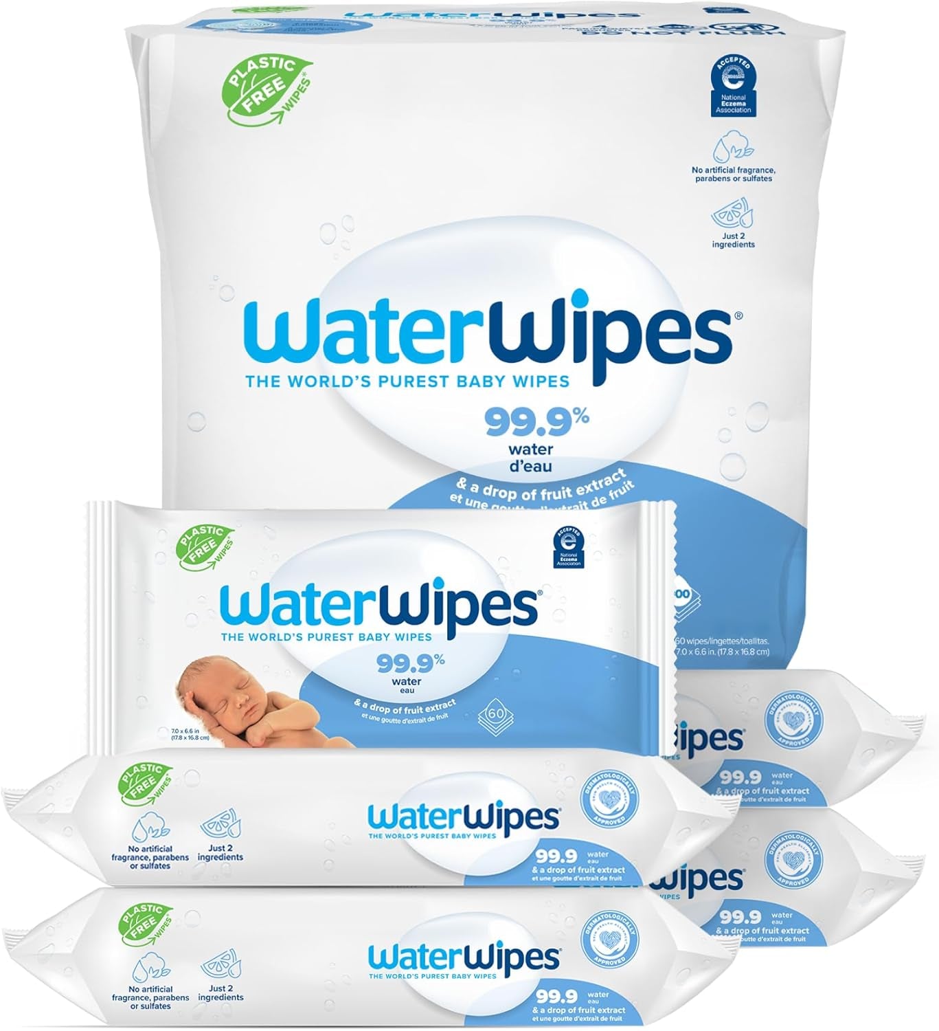 Plastic-Free Original Baby Wipes, 99.9% Water Based Wipes, Unscented & Hypoallergenic for Sensitive Skin, 60 Count (Pack of 12), Packaging May Vary