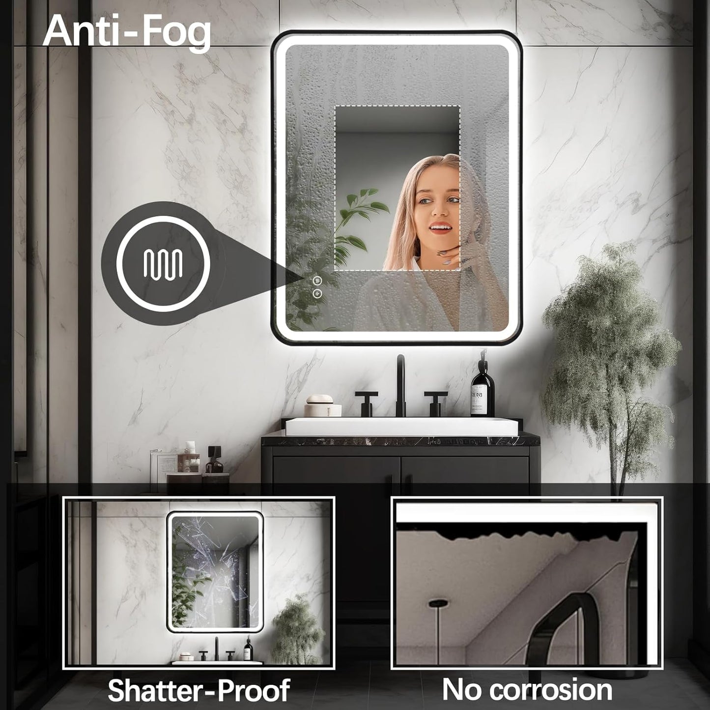 Rectangle LED Bathroom Mirror, 30"X22" Anti-Fog Double Touch Lighted Wall Vanity Mirror 45° Beveled Metal Frame Stepless Adjustable Color Temperature Smart Mirror 3000K-6000K, Gold