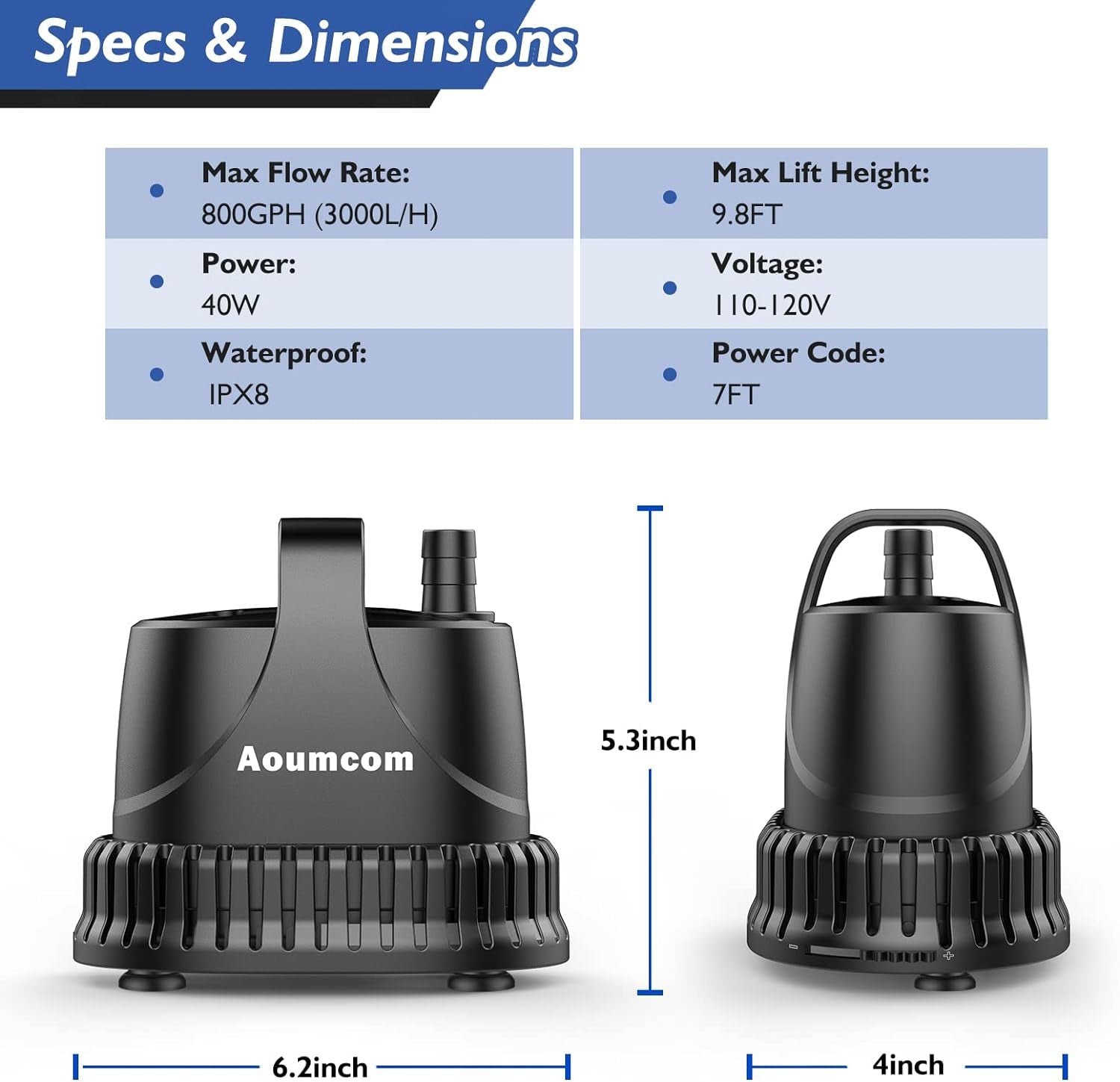 800GPH Submersible Water Pump, 40W Fountain Pump, Sump Pump, Pond Pump, 3000L/H Water Pump with 7Ft Power Cord for Aquarium, Water Table, Waterfall, Fish Tank, Hydroponics