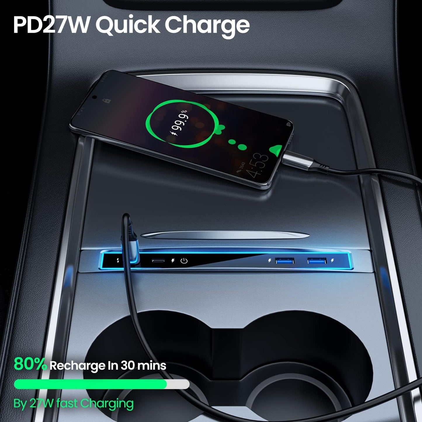 Tesla USB Hub with Blue Led Light/Voice Controll Seven Colors Led Light Compatible Docking Station of Center Console Smart Sensor for Tesla 2021 2022 2023 (Model 3/Y)