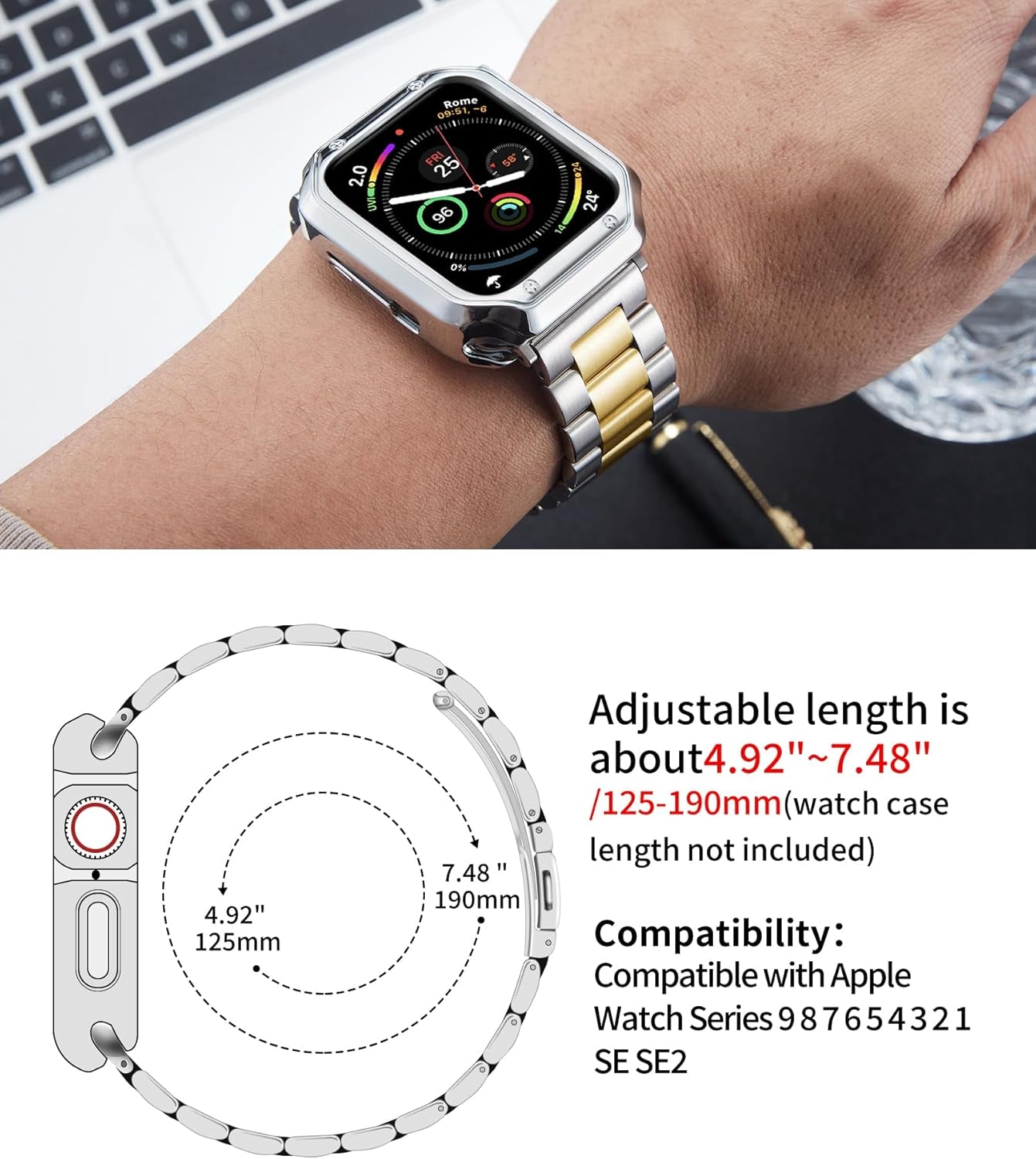 Compatible with Apple Watch Band 49Mm 45Mm 44Mm 42Mm 41Mm 40Mm 38Mm Matte Stainless Steel Metal Watch Strap with TPU Watch Case Compatible with Iwatch Series Ultra/9/8/7/Se2/Se/6/5/4/3/2/1