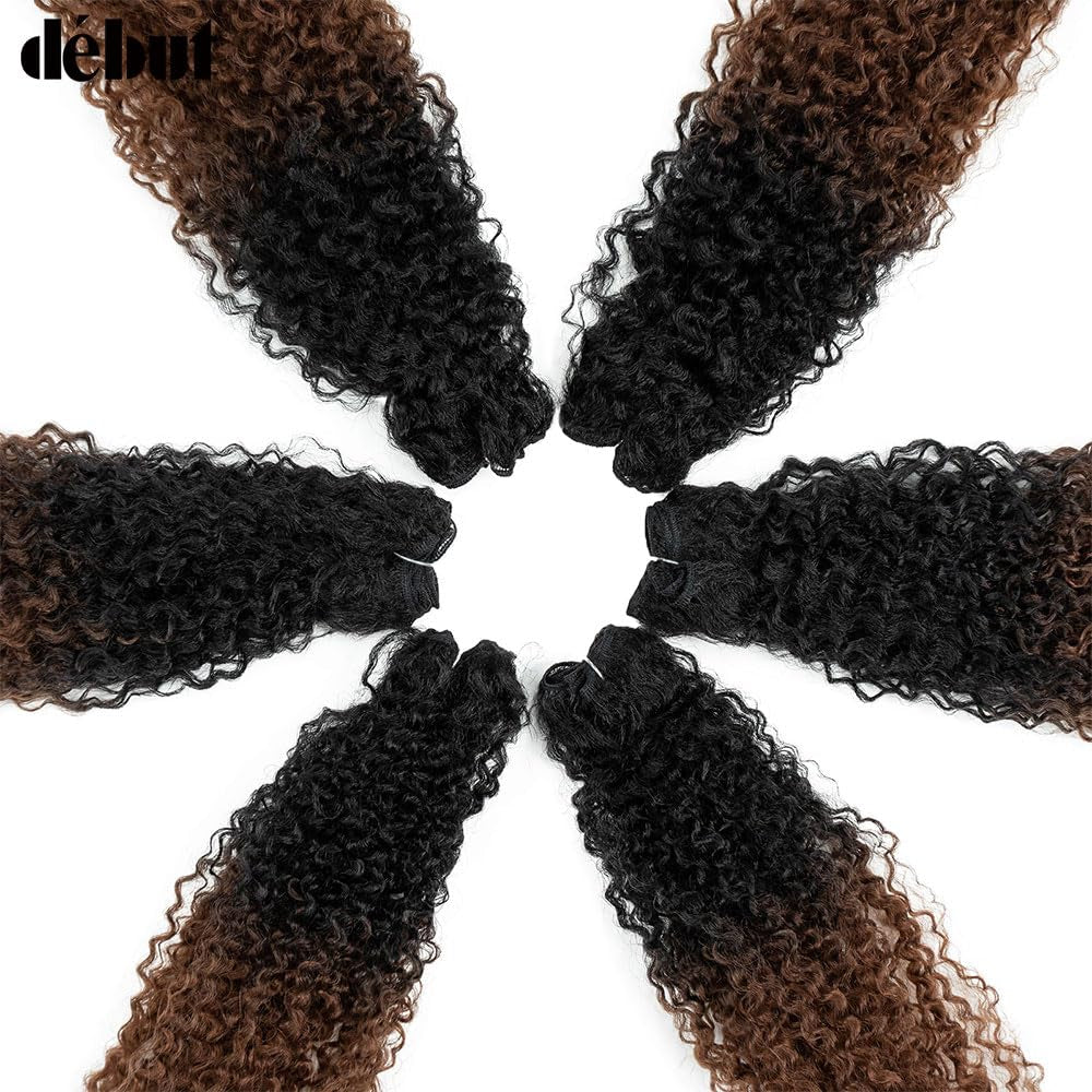 Synthetic Hair 7Pcs Kinky Curly 22 24 26 Inches 6 Bundles Tight Curly Hair with 1Pc Crochet Hair for Black Women Ombre 1B Auburn Brown Color