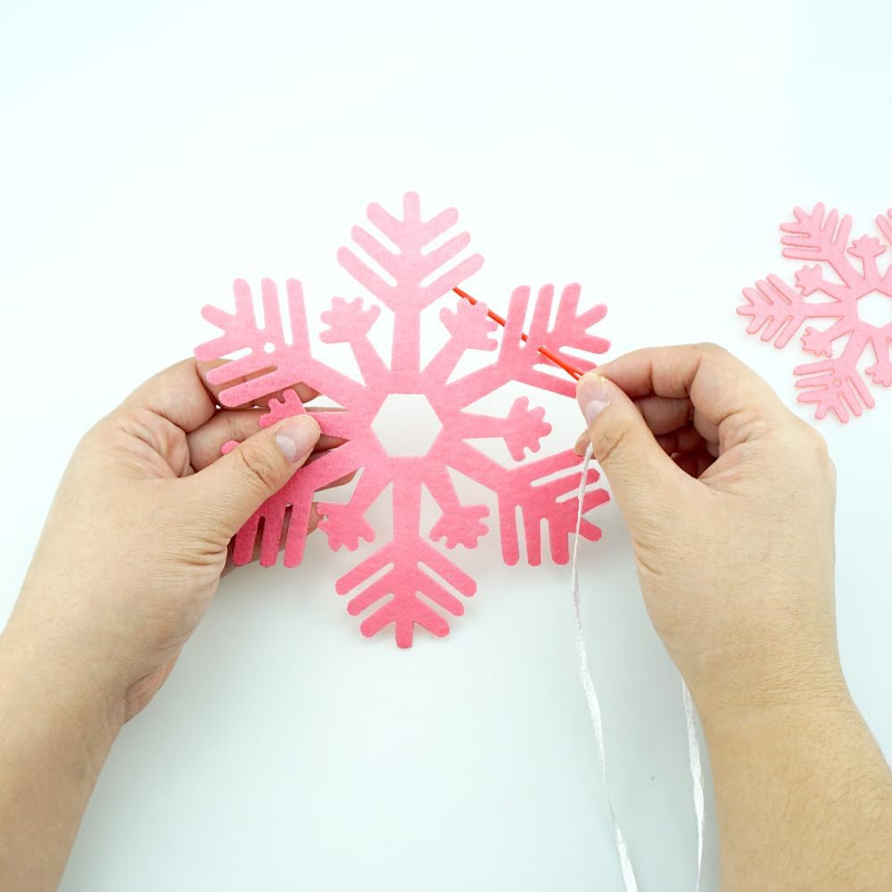 2 Pack Pink Snowflake Garland Felt Snowflake Banner Cute Pink Christmas Snowflake Decoration for Snow Winter Party Decorations