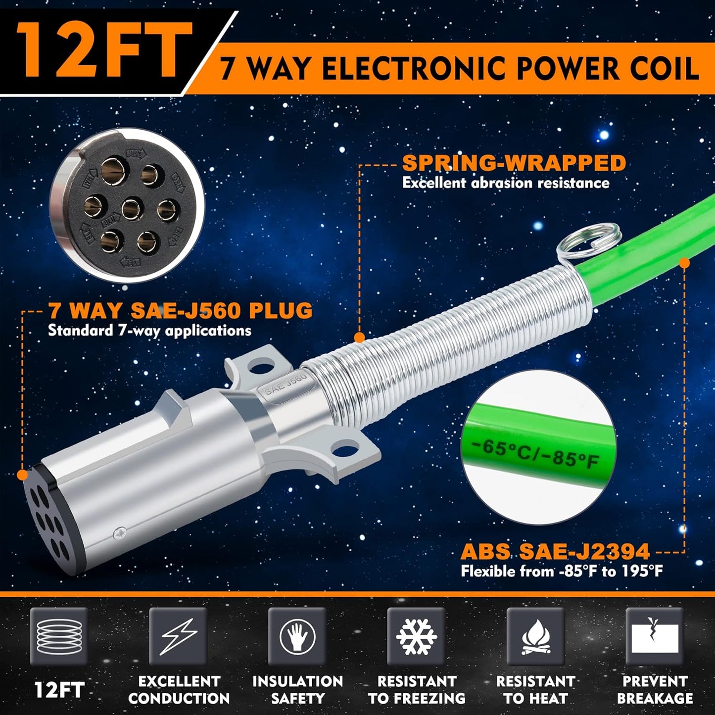 7 Way ABS Cord, 12FT 7 Way Coiled Trailer Cord, Heavey Duty Electrical Power Cable for Semi Truck Tractors - Green TRUCK DRIVER