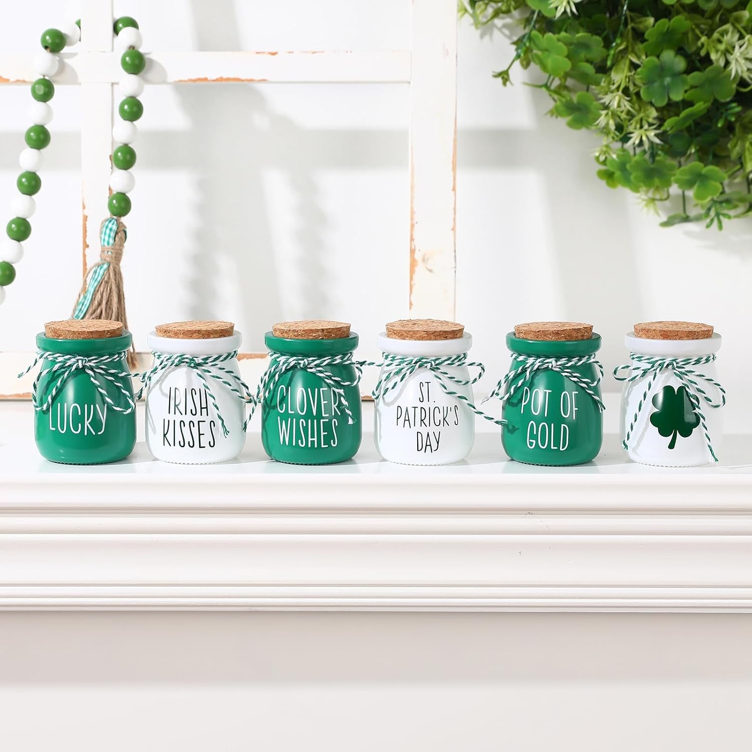 St Patricks Day Decorations - 6PCS St.Patrick'S Day Mini Jars -Farmhouse St Patricks Day Decor for Home Kitchen Table Fireplace Mantel Decor ﻿