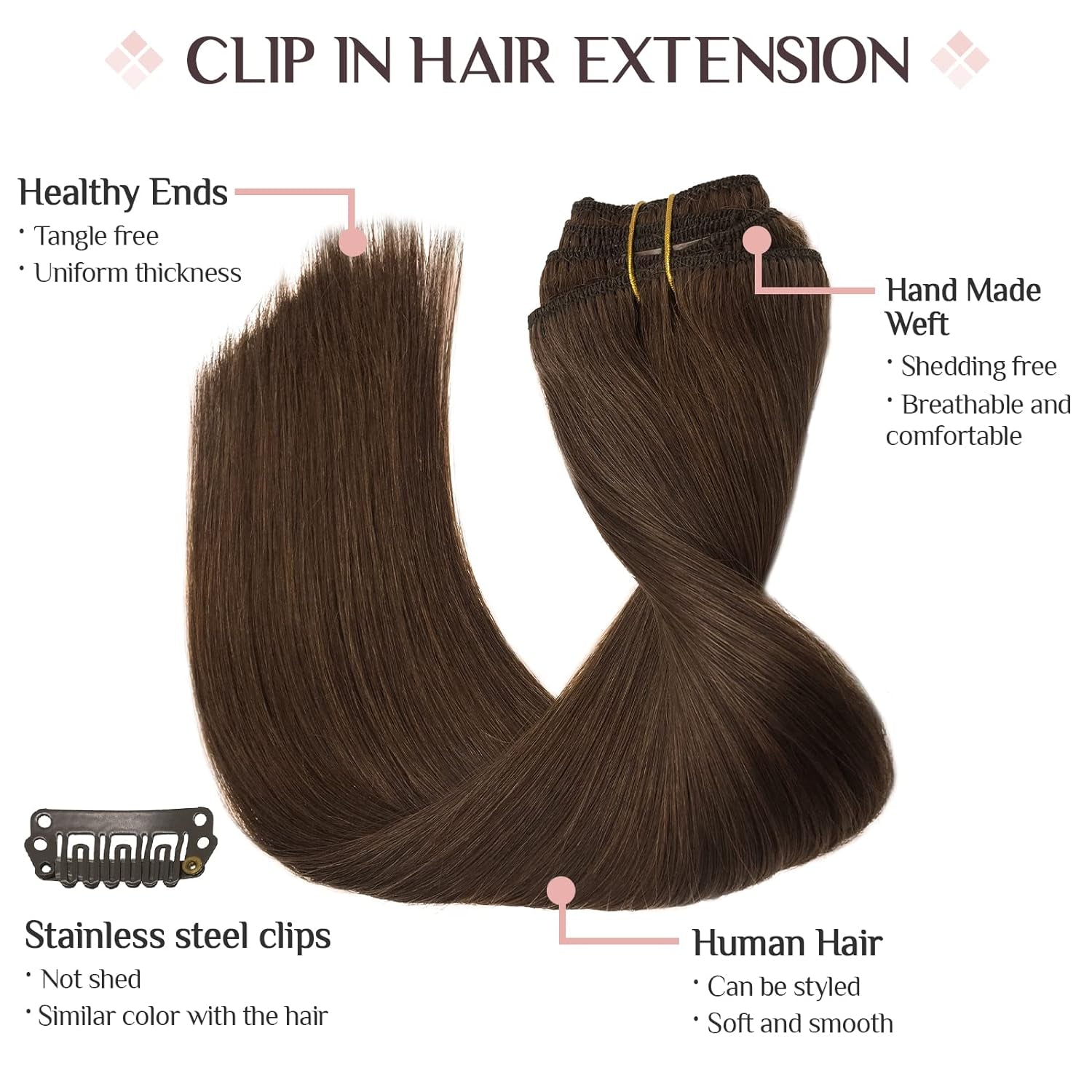 Clip in Hair Extensions Real Human Hair, 7 Pcs Chocolate Brown Hair Extensions 12 Inch 80G, Human Hair Extensions Clip Ins Remy Hair Extensions Natural Straight Hair for Woman