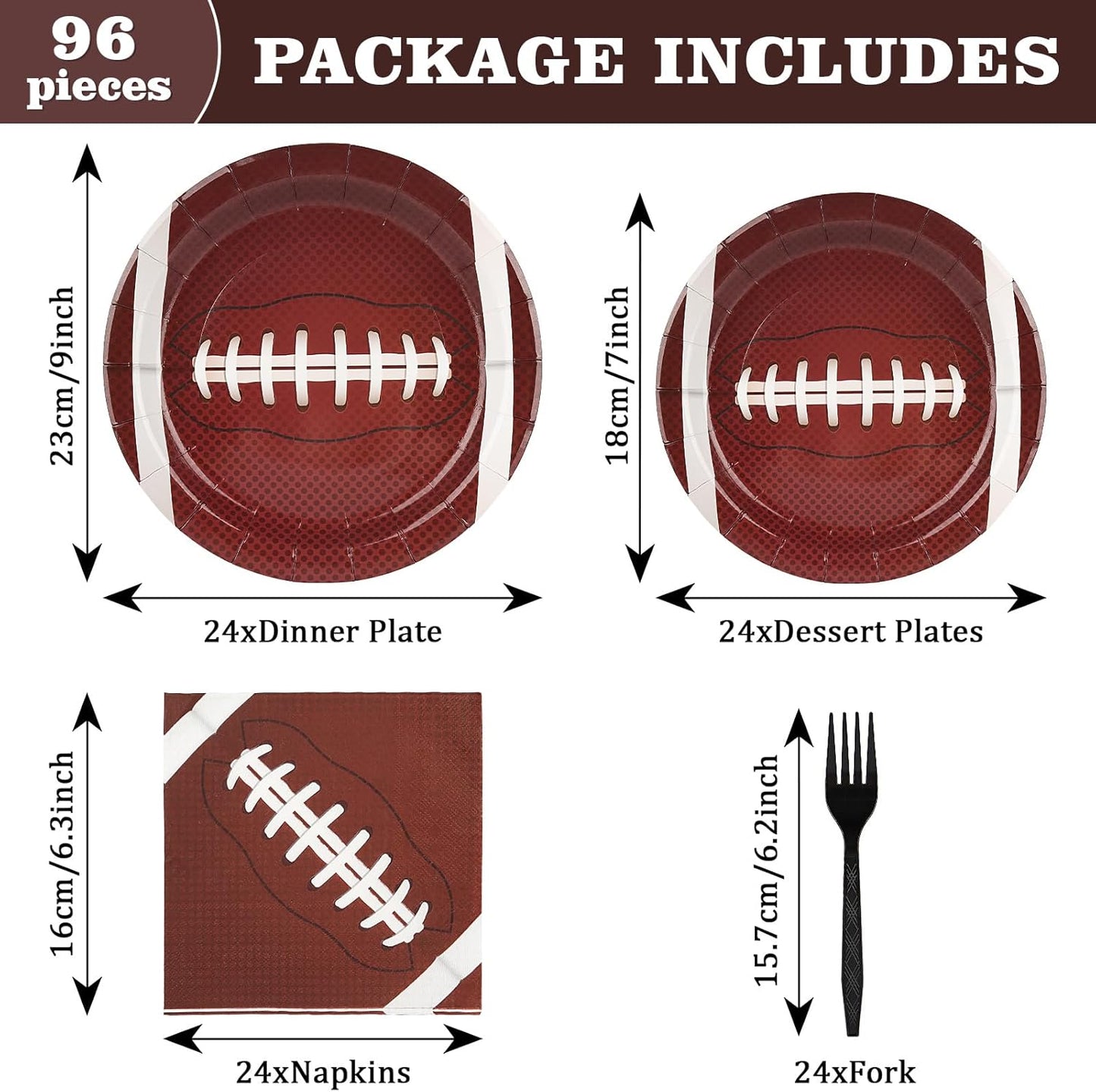 Football Party Supplies Decorations Set for 24 People, Includes Dinner Plates, Dessert Plates, Napkins, Forks, Perfect for Super Bowl Game Day Birthday Party(96 PCS)