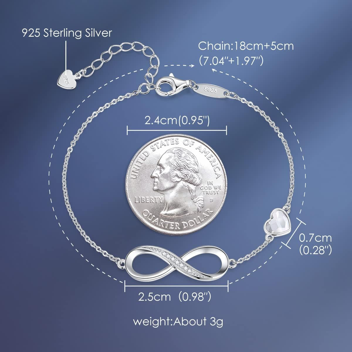 Infinity Heart Birthstone Charm Link Bracelet for Women 925 Sterling Silver Adjustable Valentines Mother'S Day Gift Anniversary Jewelry Birthday Gifts for Women Wife Girlfriend Her