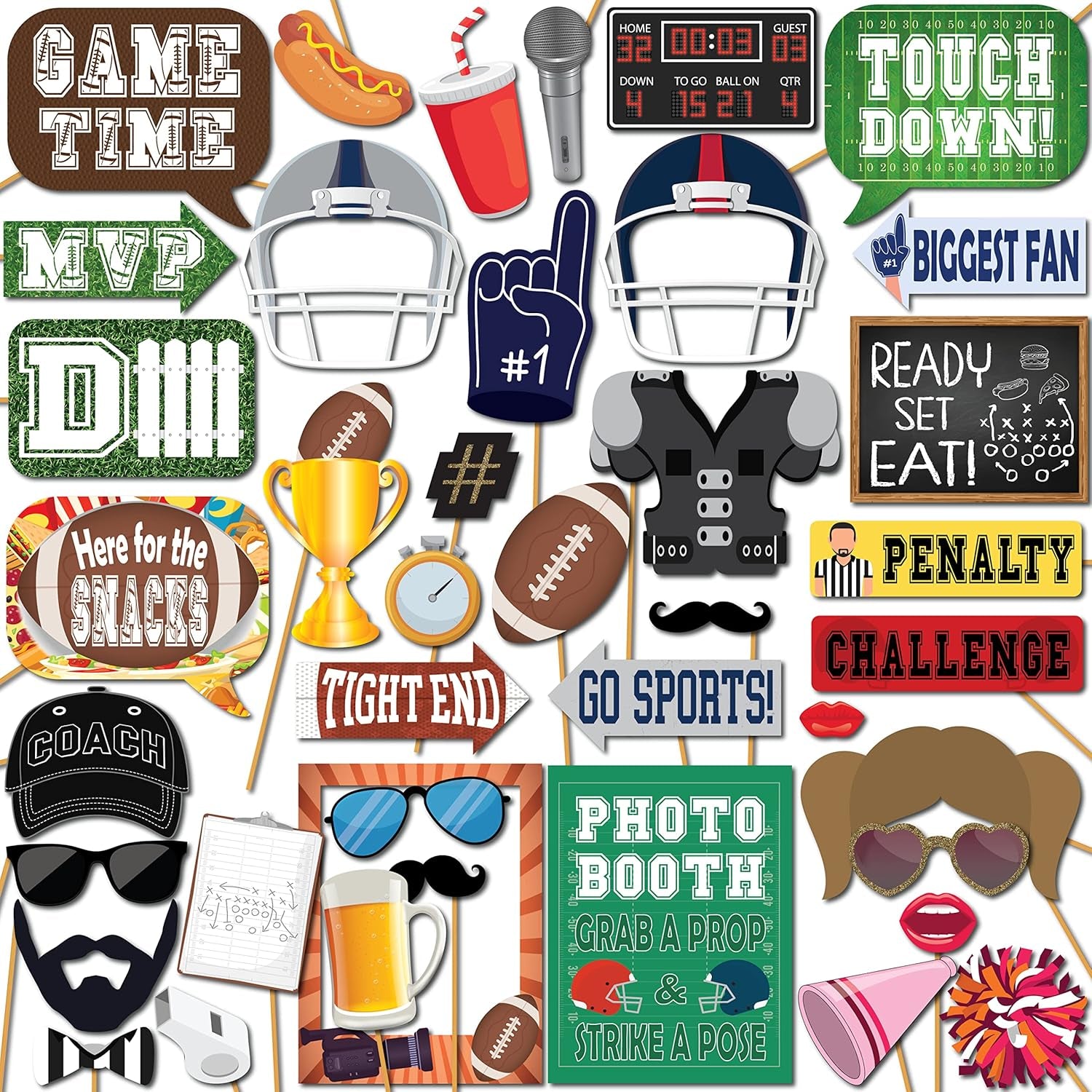 Football Photo Booth Props - 41-Pc Photobooth Kit with 8 X 10-Inch Sign, 60 Adhesive Pads, 45 Sticks - Superbowl Photo Props - Football Photo Props - Tailgate Photo Props